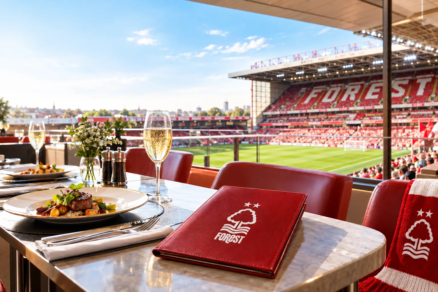 A dining table with champagne glasses, gourmet dishes, and a Nottingham Forest leather menu folder set against a panoramic view of the football pitch at The City Ground.