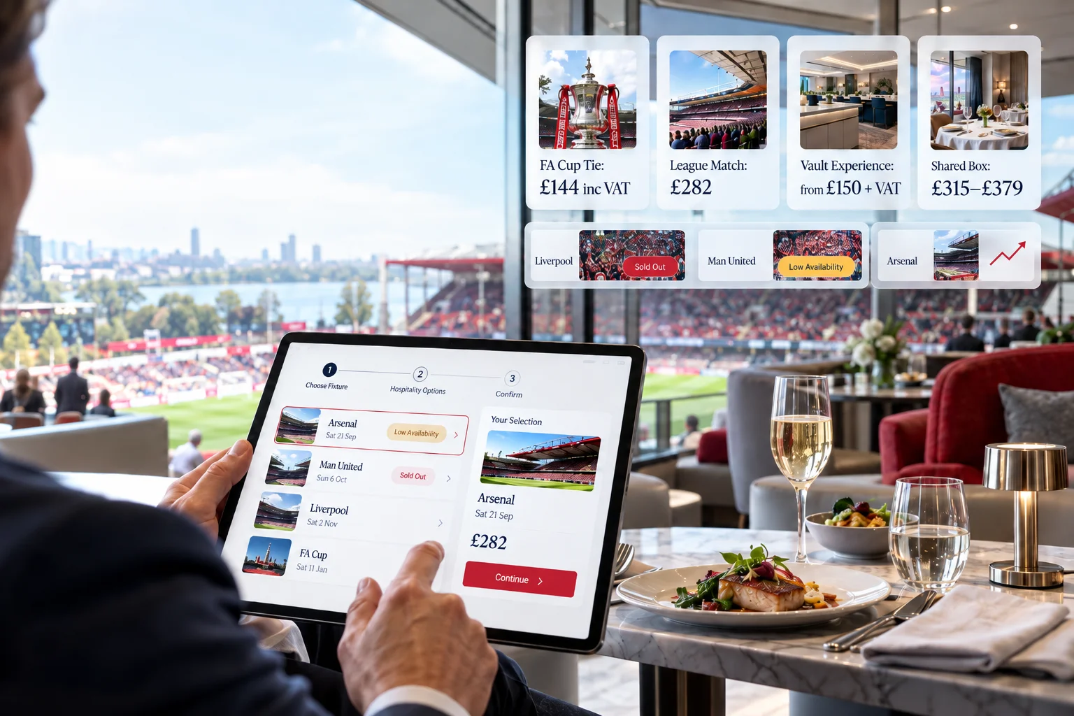 A person using a tablet to select Nottingham Forest match hospitality packages, showing fixture options for Arsenal, Manchester United, and Liverpool with pricing overlays.