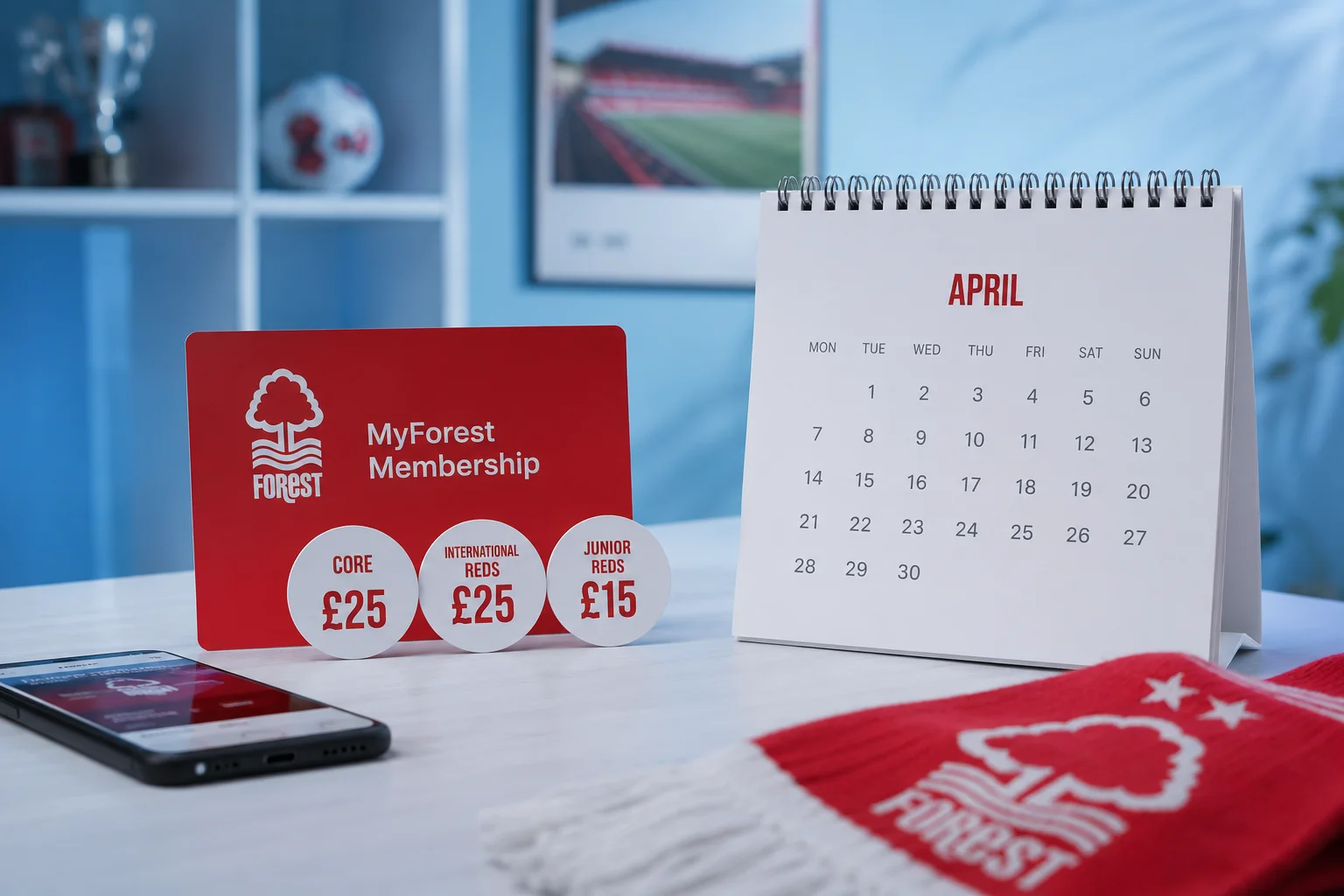 بطاقة عضوية نوتنغهام فوريست MyForest بجانب تقويم أبريل يُظهر انخفاض أسعار Core و International Reds و Junior Reds.
