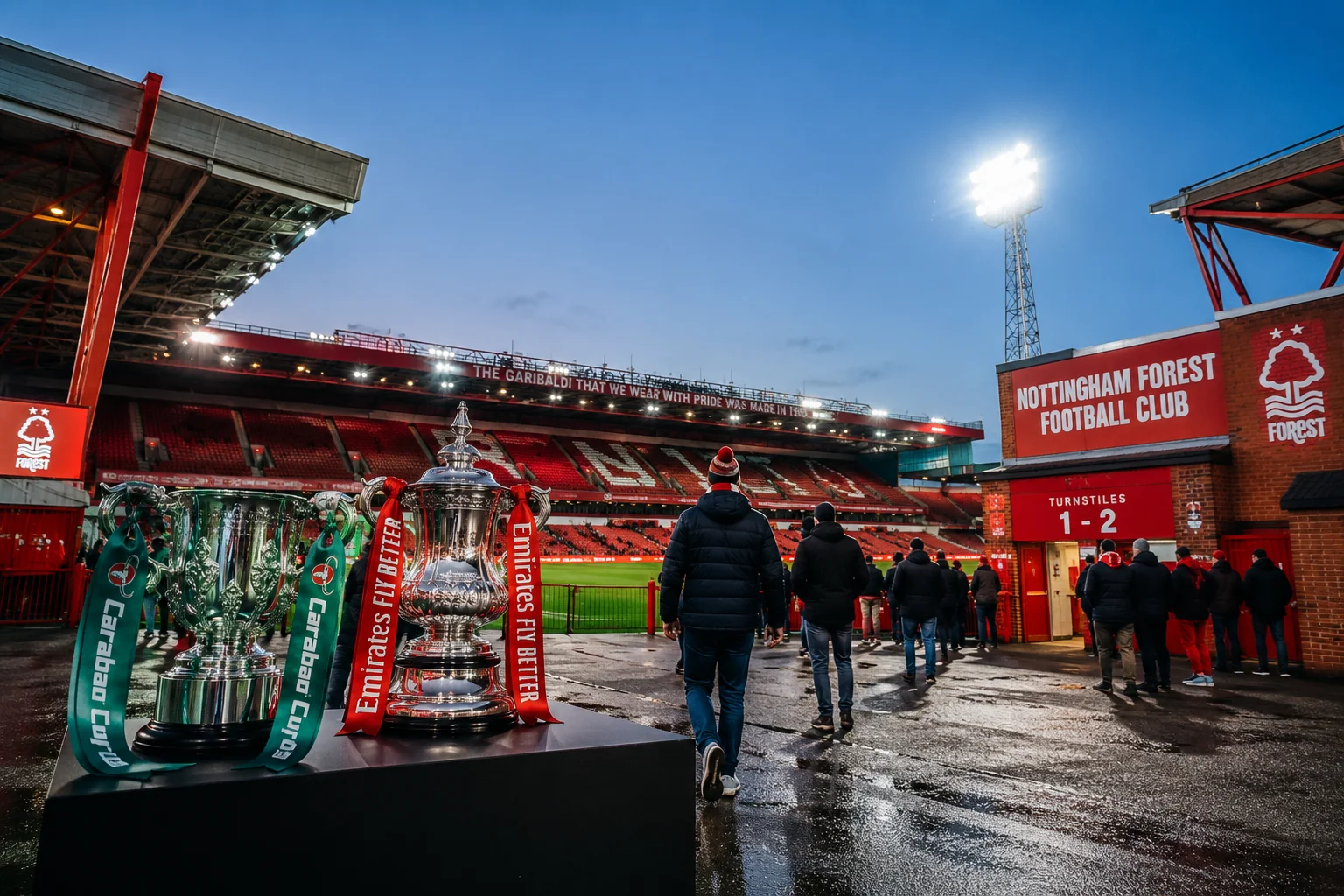 كأس كاراباو وكأس الاتحاد الإنجليزي خارج City Ground قبل مباراة كأس نوتنغهام فوريست.