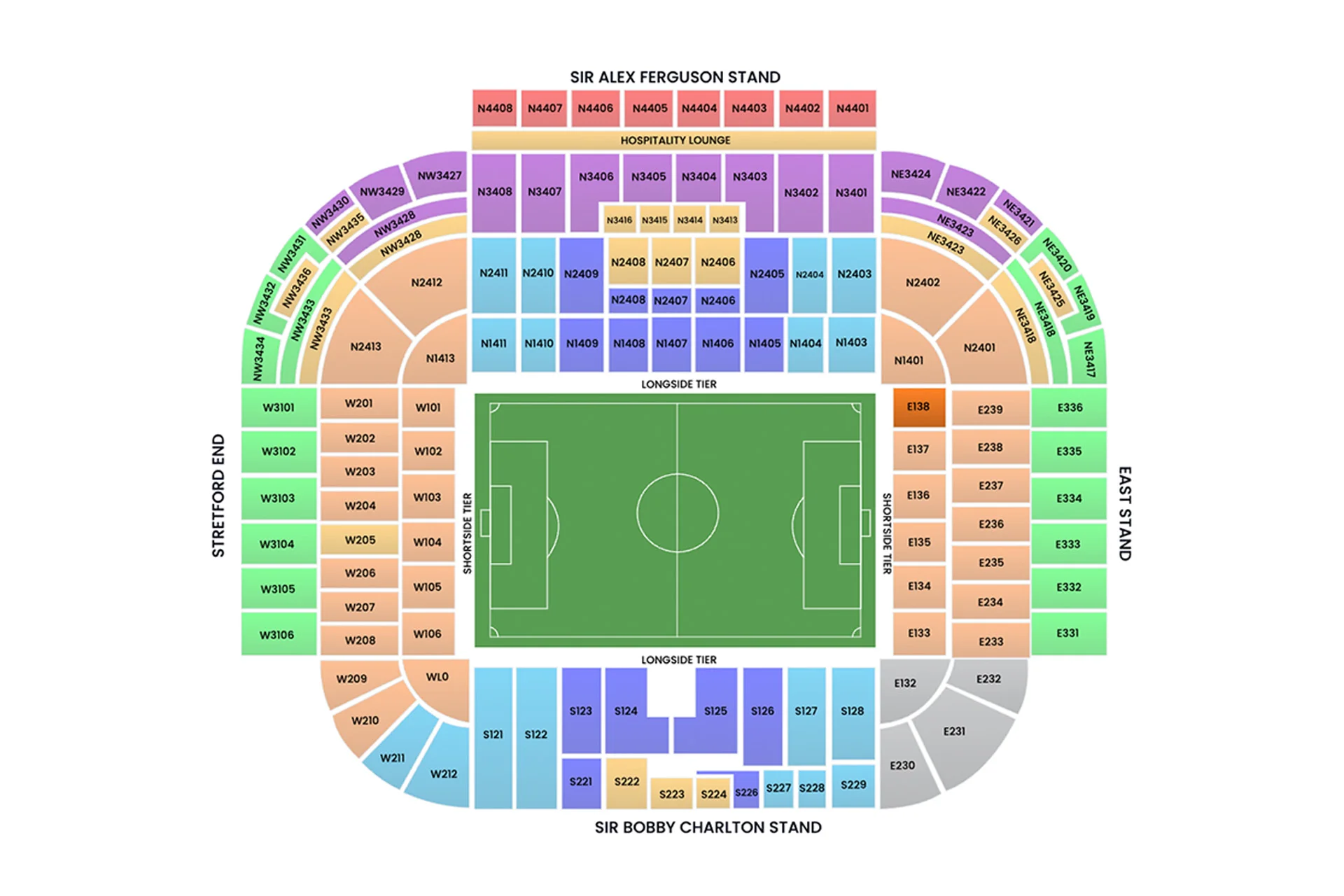 Old Trafford seating plan showing Sir Alex Ferguson Stand, Sir Bobby Charlton Stand, Stretford End, East Stand and block categories.