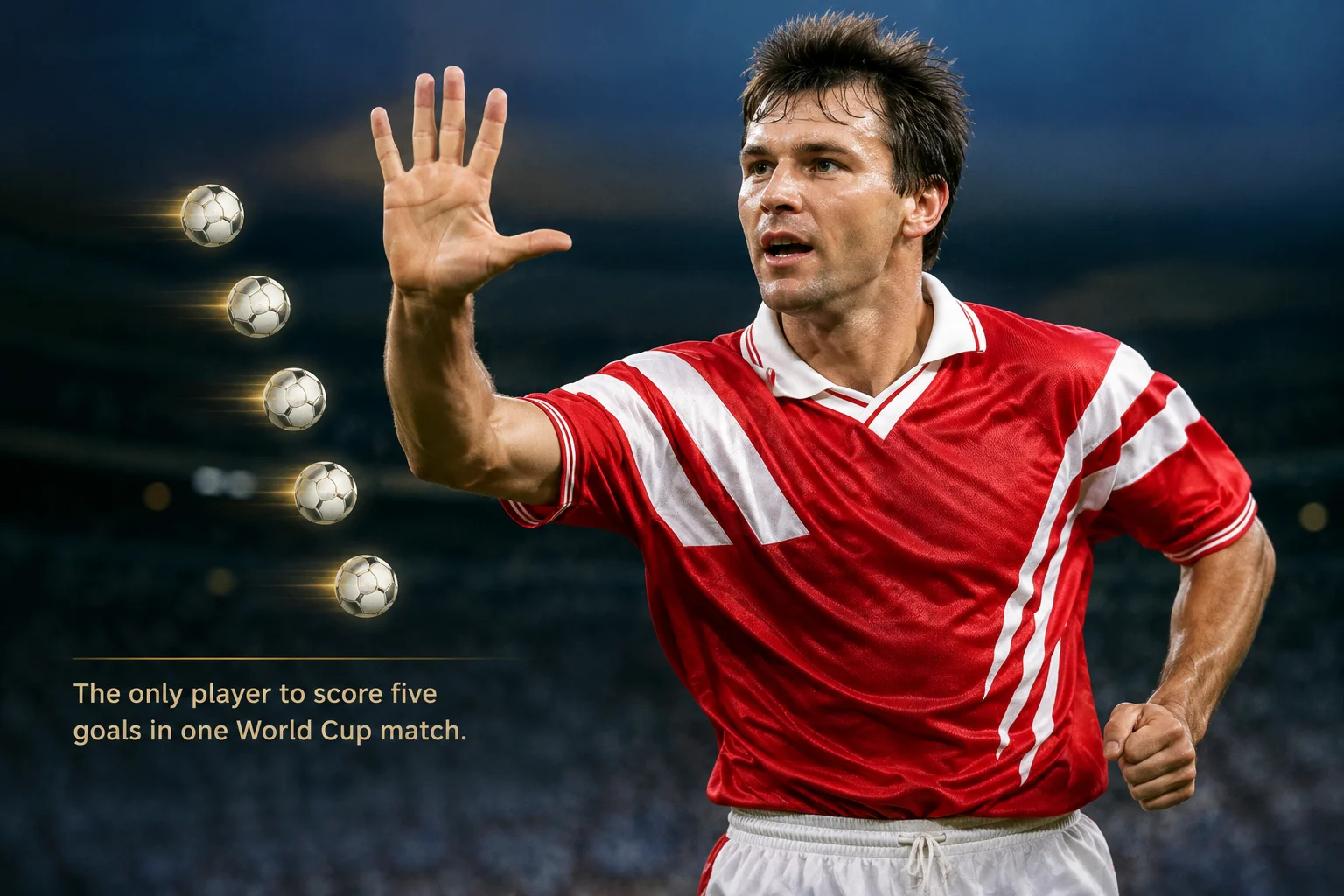 A conceptual portrait of Russian football striker Oleg Salenko celebrating a historic milestone against the backdrop of a packed, dimly lit stadium at night. Wearing a red jersey with white diagonal stripes and a white collar, he looks forward with an intense expression while raising his right hand to display an open palm with all five fingers extended. To the left of his hand, five glowing footballs float in a vertical arc, leaving faint trails of light behind them. In the bottom-left corner, elegant gold text reads, "The only player to score five goals in one World Cup match."
