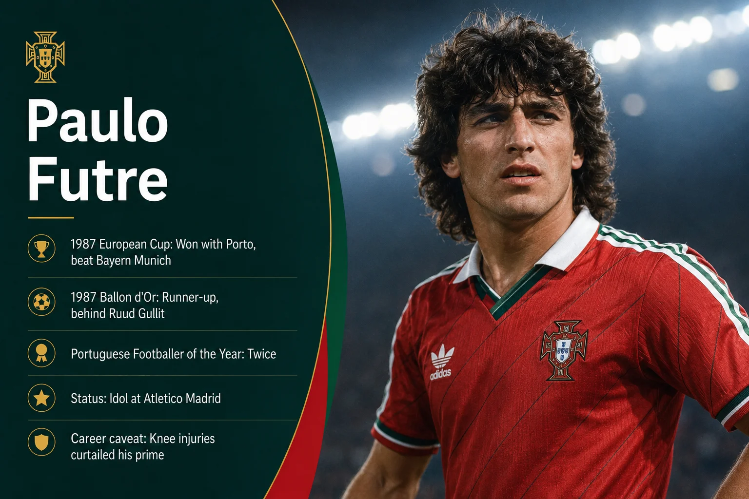 A tribute card titled "Paulo Futre" features the explosive, tricky Portuguese winger running down the wing in a vintage red national kit. The card design is framed in deep maroon with a gold-bordered circular seal. Underneath his name, his international career stats are prominently highlighted: "41 Caps" reflecting his appearances, "6 Goals" scored, and "Maverick Winger" celebrating his legendary dribbling skill and flair that entertained fans worldwide.