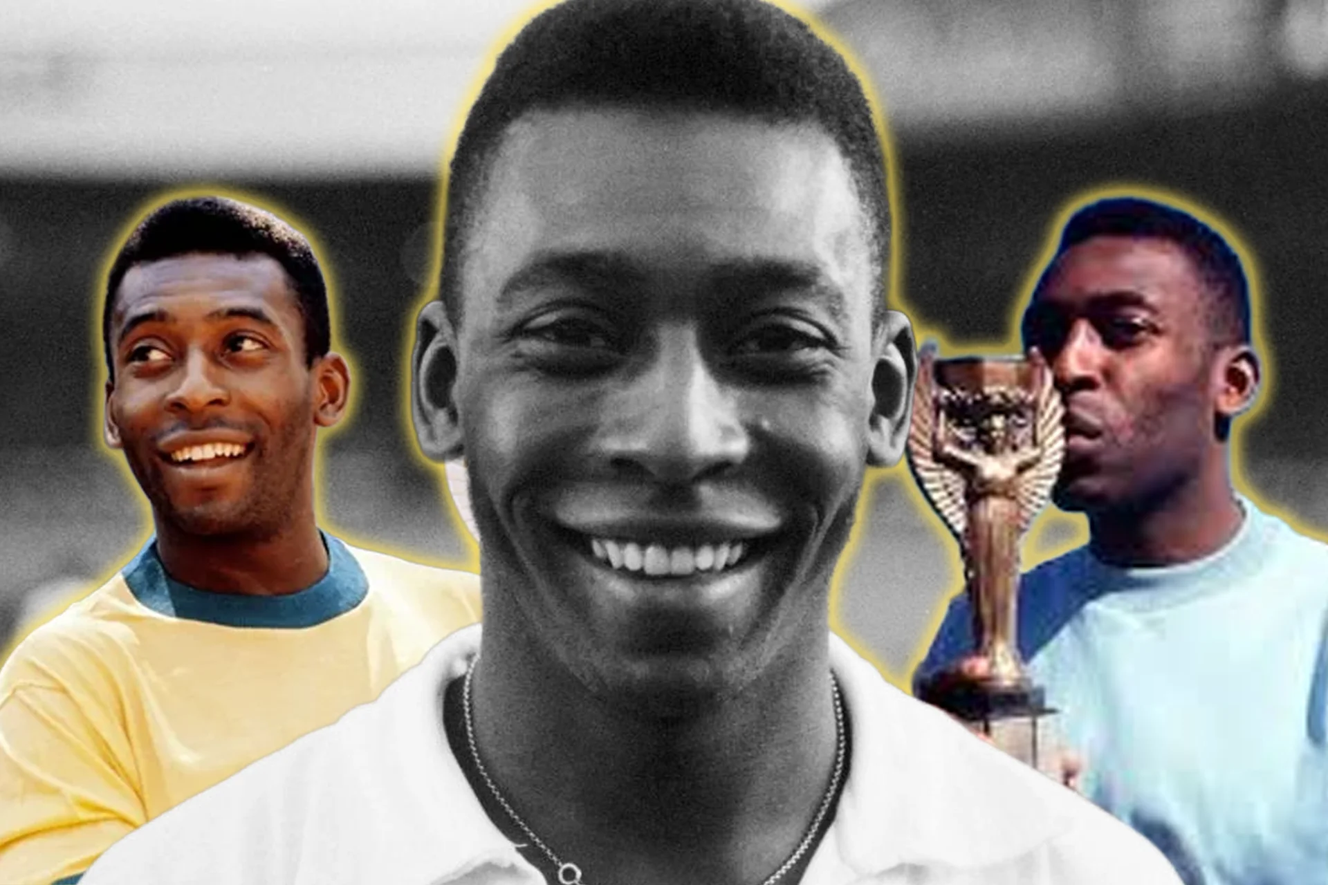 A commemorative collage of Brazilian icon Pelé. The primary central image is a black-and-white portrait of a young, smiling Pelé wearing a white collared shirt and a thin chain necklace. To his left, a color image captures him smiling in Brazil's classic yellow jersey. To his right, another color image shows him affectionately kissing the golden Jules Rimet World Cup trophy.