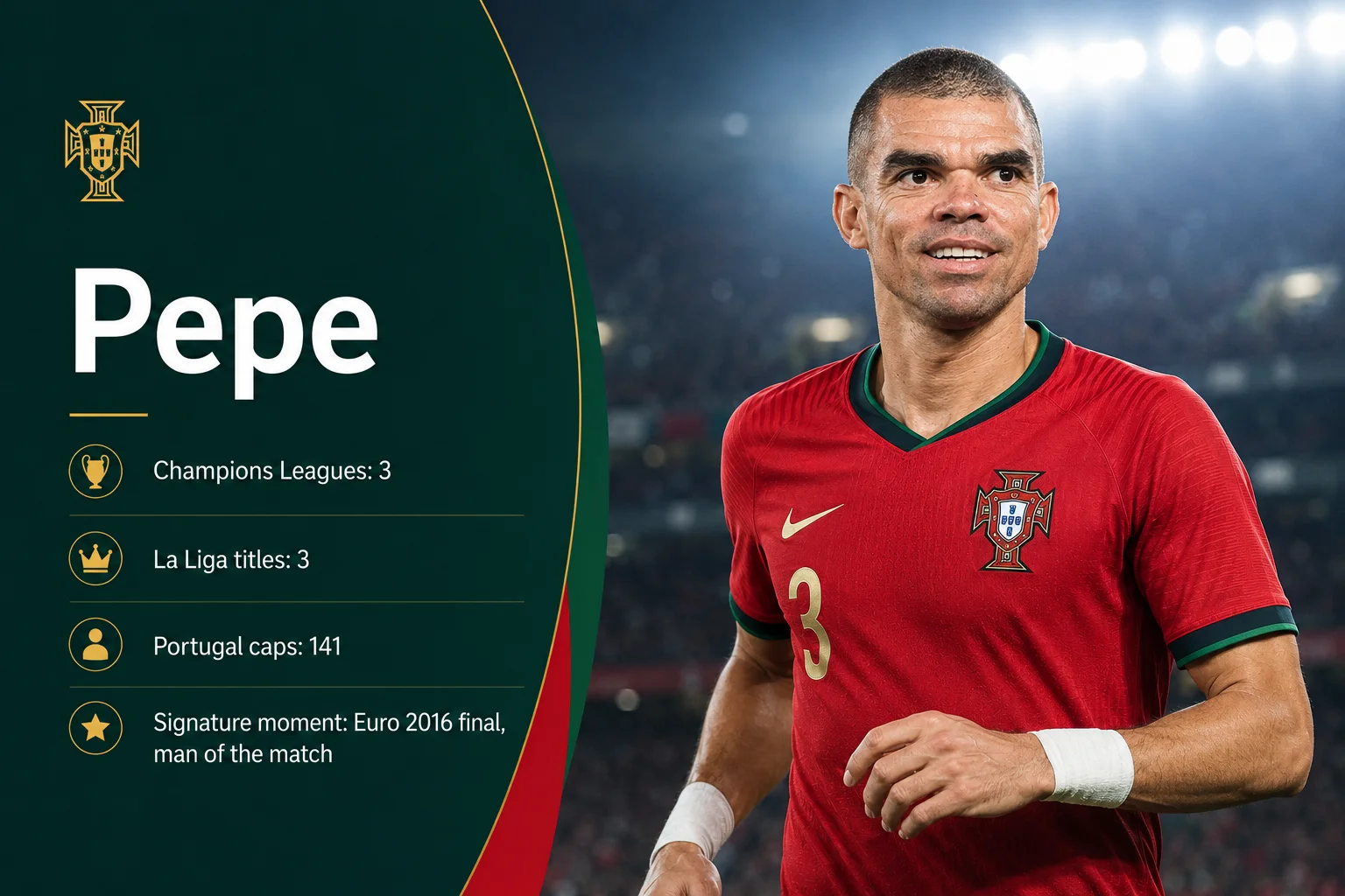 A sports profile card titled "Pepe" showcases the fierce, legendary center-back shouting passionately in celebration on the pitch in a modern red Portugal kit. The graphic uses a clean red and green geometric pattern with a sharp team crest. His extensive defensive metrics are listed at the bottom: "141 Caps" highlighting his immense longevity, "8 Goals" scored from defense, and "1x Euro Winner" commemorating his commanding, heroic performance in the Euro 2016 final.