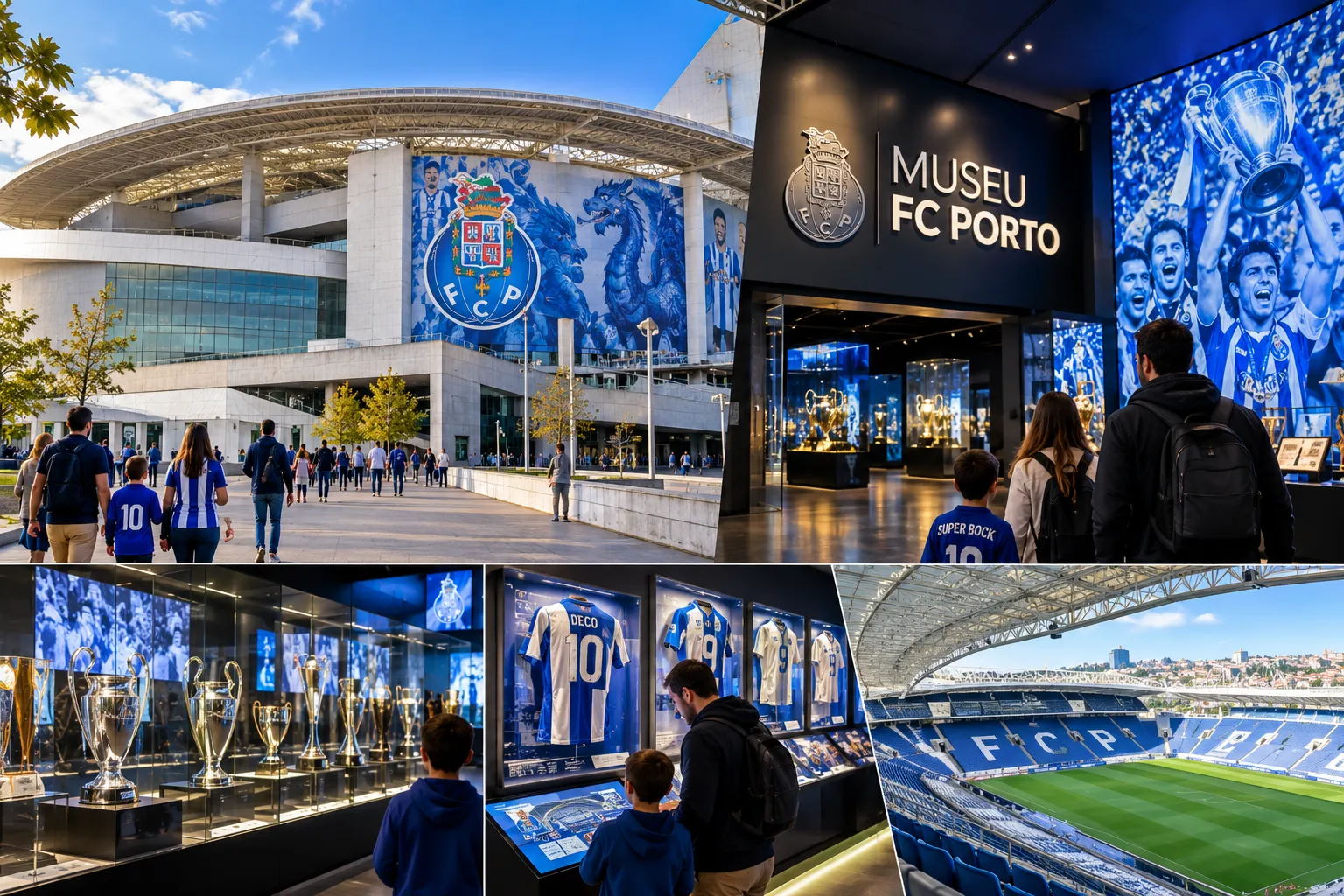 Collage highlighting FC Porto stadium and museum experiences at Estádio do Dragão. Displays exterior fans, entrance to Museu FC Porto with trophy displays, classic jerseys including Deco's #10, and a panoramic view inside the stadium.