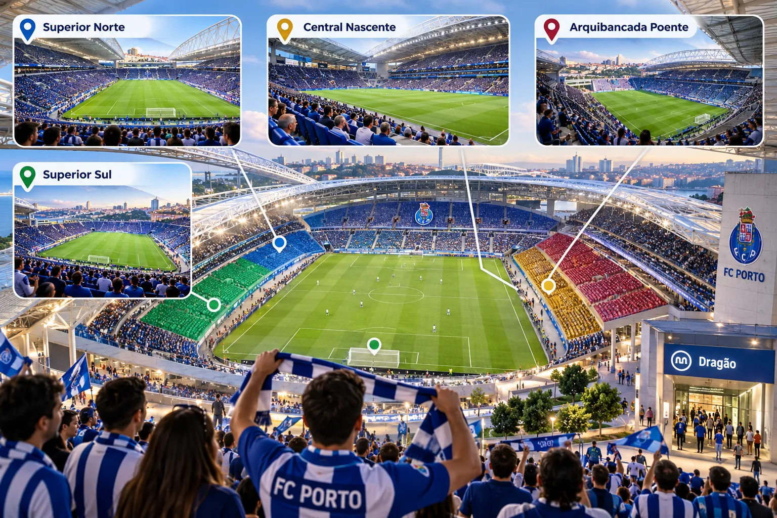 Aerial view of Estádio do Dragão mapped with stadium section callouts: Superior Norte, Superior Sul, Central Nascente, and Arquibancada Poente. Fans in FC Porto jerseys cheer in the foreground.
