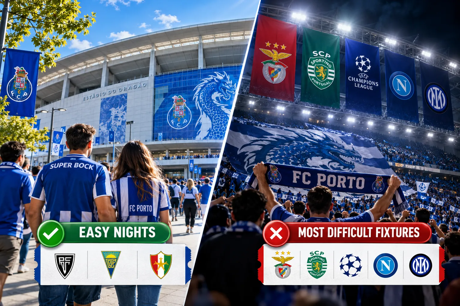 Split graphic contrasting ticket availability levels at Estádio do Dragão. The left side shows "EASY NIGHTS" with lower-tier league opponents, while the right side shows "MOST DIFFICULT FIXTURES" including Benfica, Sporting CP, and Champions League matches.