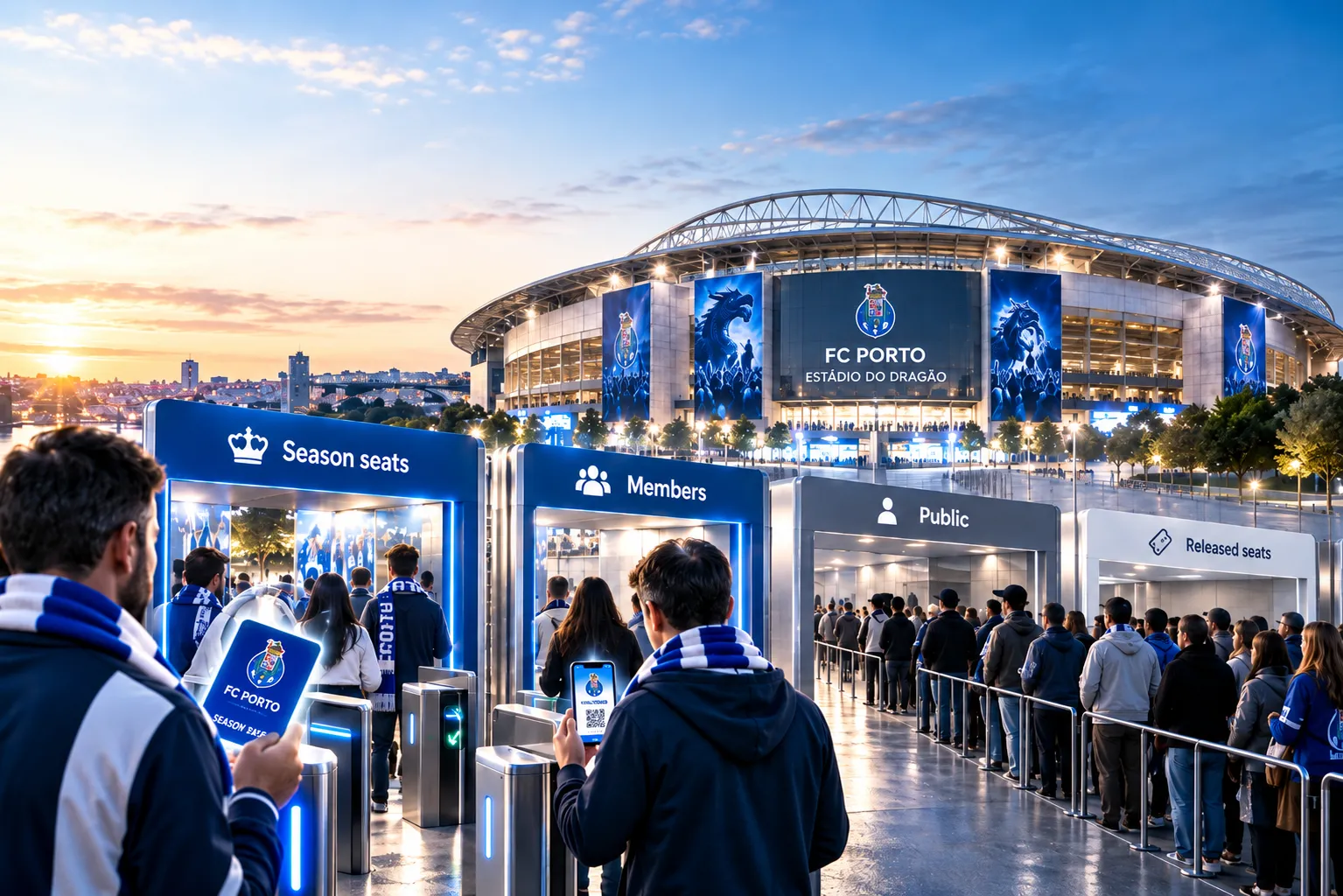 Supporters entering Estádio do Dragão through designated turnstile gates categorized by access level: Season seats, Members, Public, and Released seats.