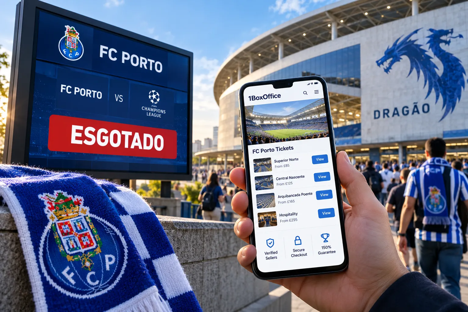Smartphone displaying FC Porto match tickets on 1BoxOffice with options for Superior Norte, Central Nascente, Arquibancada Poente, and Hospitality. In the background, a digital stadium sign reads "FC PORTO VS CHAMPIONS LEAGUE - ESGOTADO" (Sold Out).