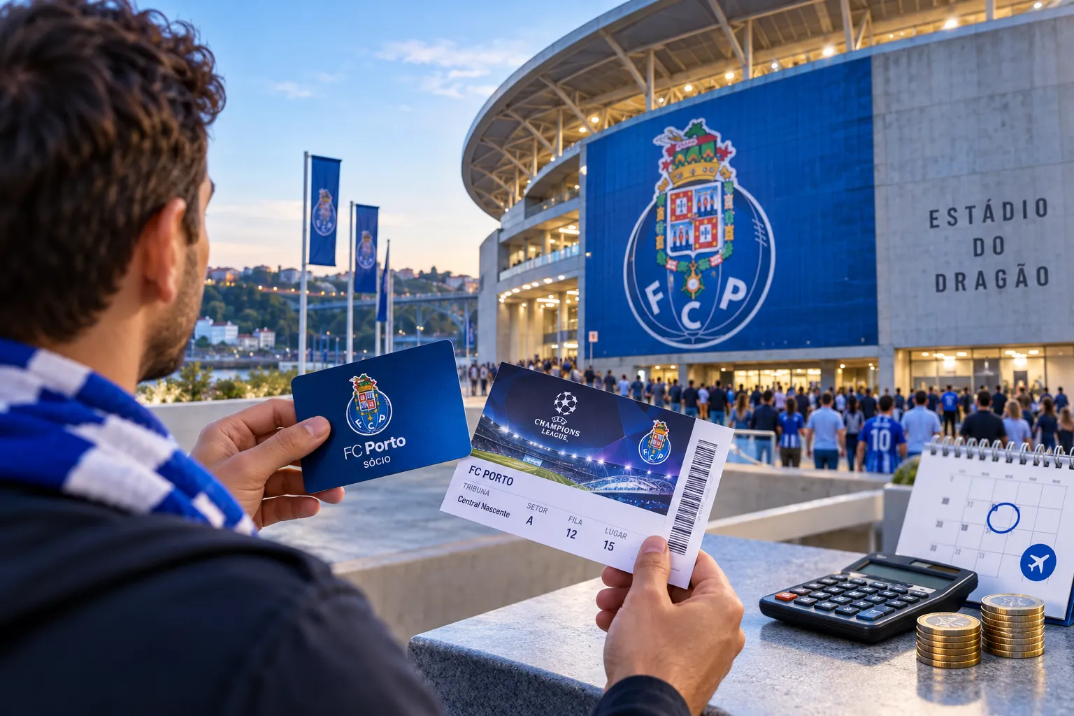 An FC Porto fan holding a Sócio membership card alongside a UEFA Champions League match ticket outside Estádio do Dragão. A calendar and stacked coins on the table suggest budgeting and scheduling for match days.