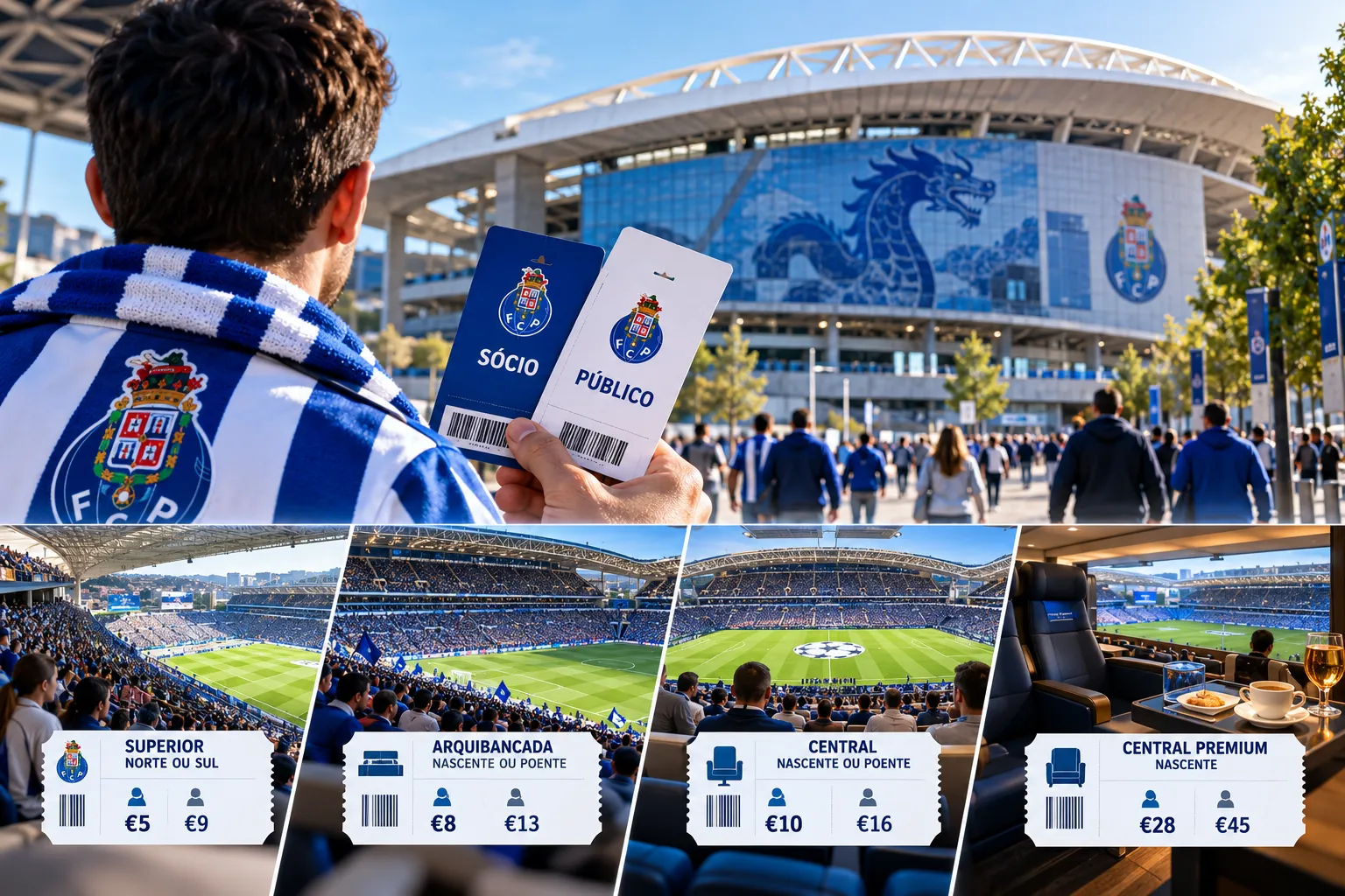Fan holding Sócio (Member) and Público (Public) tickets outside Estádio do Dragão. Four bottom panels compare prices across seating categories: Superior Norte/Sul (€5/€9), Arquibancada (€8/€13), Central (€10/€16), and Central Premium (€28/€45).