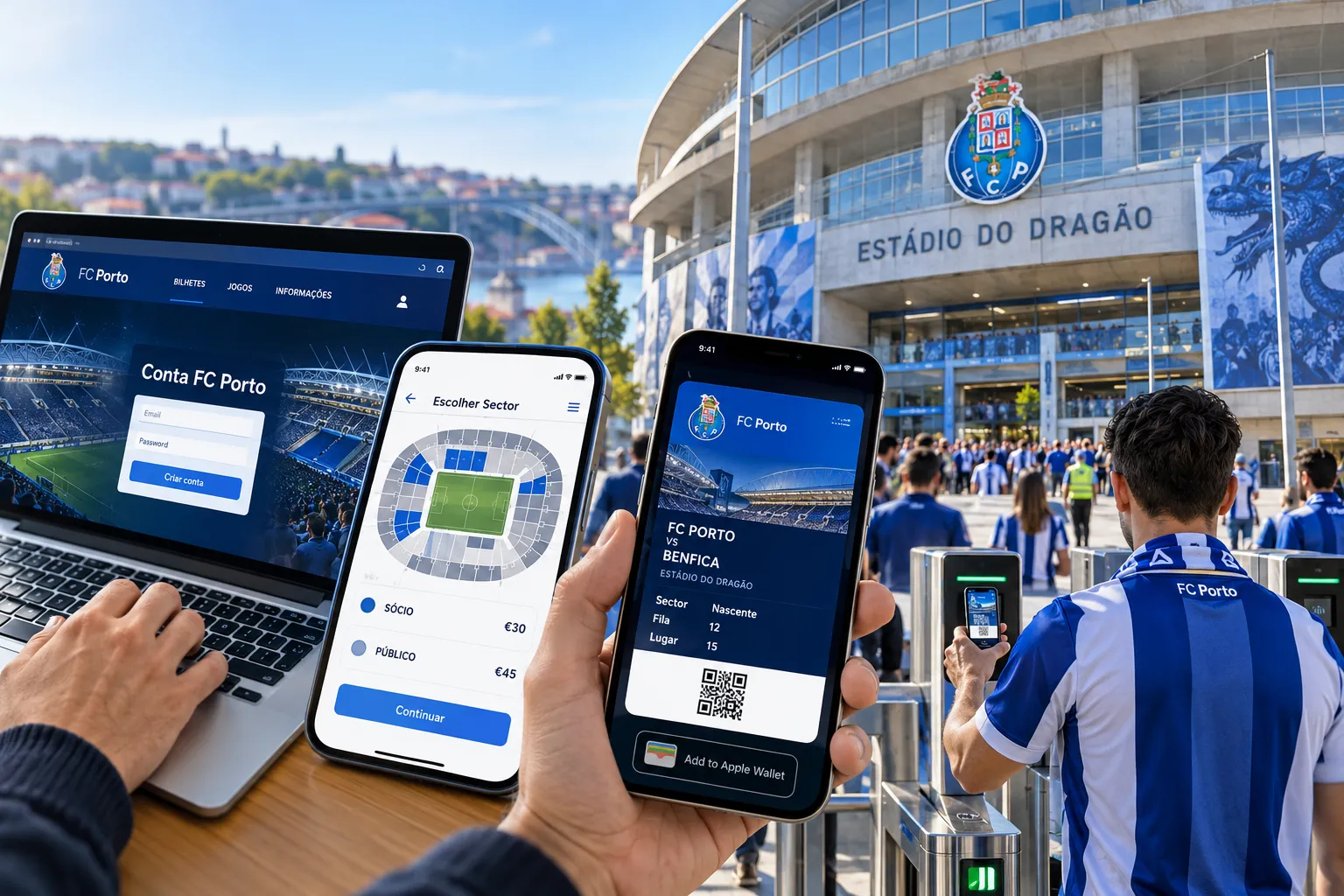 Digital ticket purchasing workflow for FC Porto matches. Displays an account login screen on a laptop, seat map selection on a smartphone, an Apple Wallet e-ticket, and a fan scanning at the stadium turnstiles.