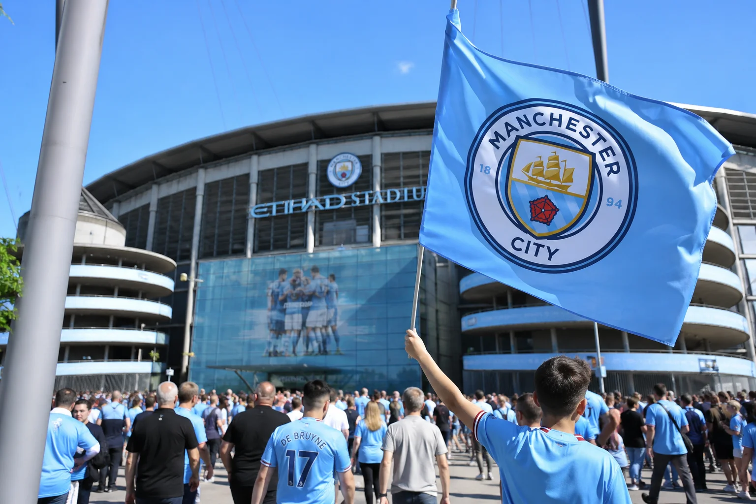 A young fan in the foreground holds up a large, light blue Manchester City flag as a dense crowd of supporters wearing team jerseys walks toward the glass exterior of the Etihad Stadium on a sunny day.