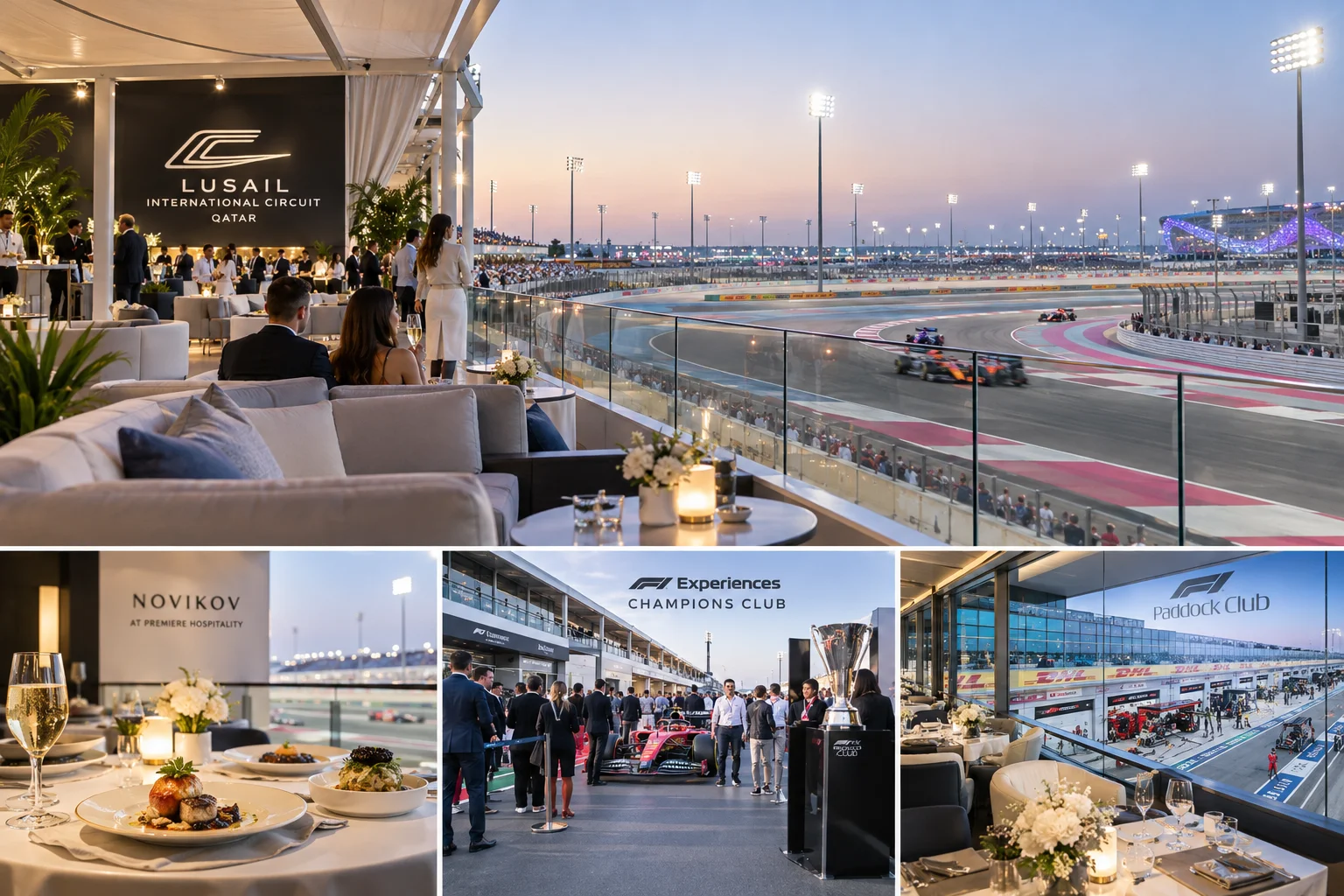 Photo collage showcasing VIP hospitality options at Lusail International Circuit, including open-air lounge seating with views of the track, fine dining at Novikov, Champions Club, and the Paddock Club.