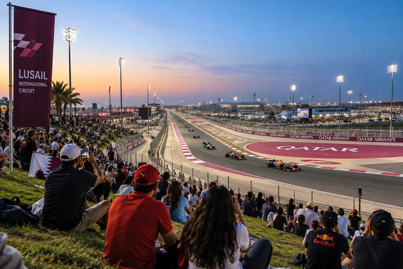 Spectators sitting on a grassy hill at Lusail Hill watching Formula 1 cars race along the track at sunset.