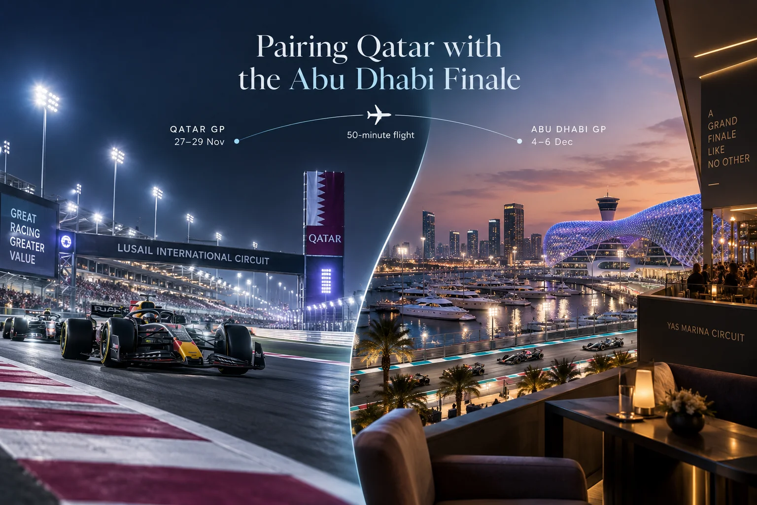 Split graphic illustrating a two-race itinerary combining the Qatar Grand Prix (Nov 27–29) with the Abu Dhabi Grand Prix finale (Dec 4–6) via a 50-minute flight.