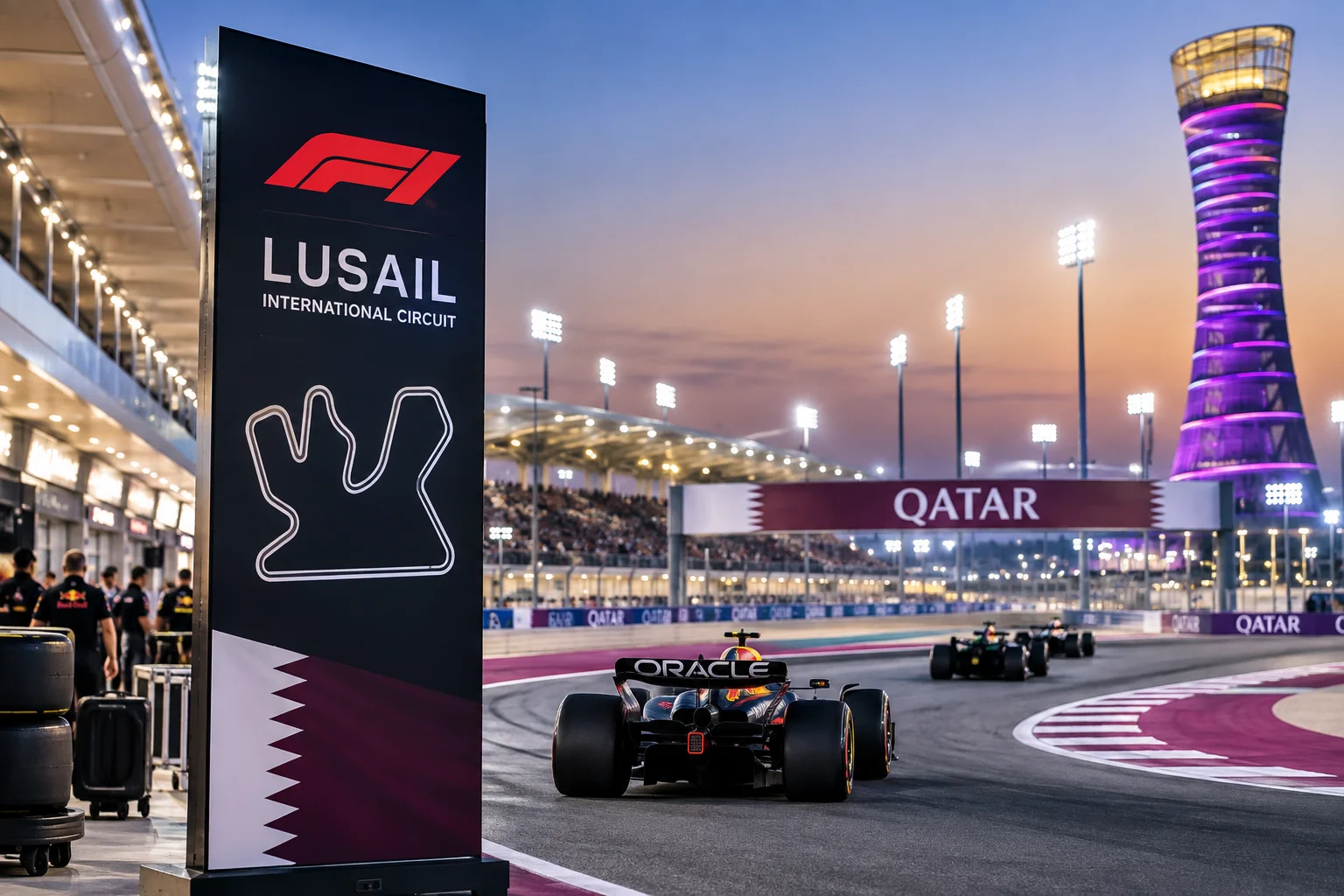 Formula 1 car driving past a Lusail International Circuit sign post with a track map during dusk, featuring the illuminated control tower in the background.