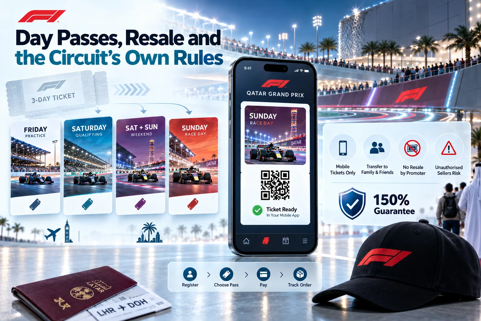 Infographic detailing Qatar Grand Prix ticketing options, showing day passes, mobile ticket app interface with a QR code, 150% guarantee badge, and step-by-step buying process.