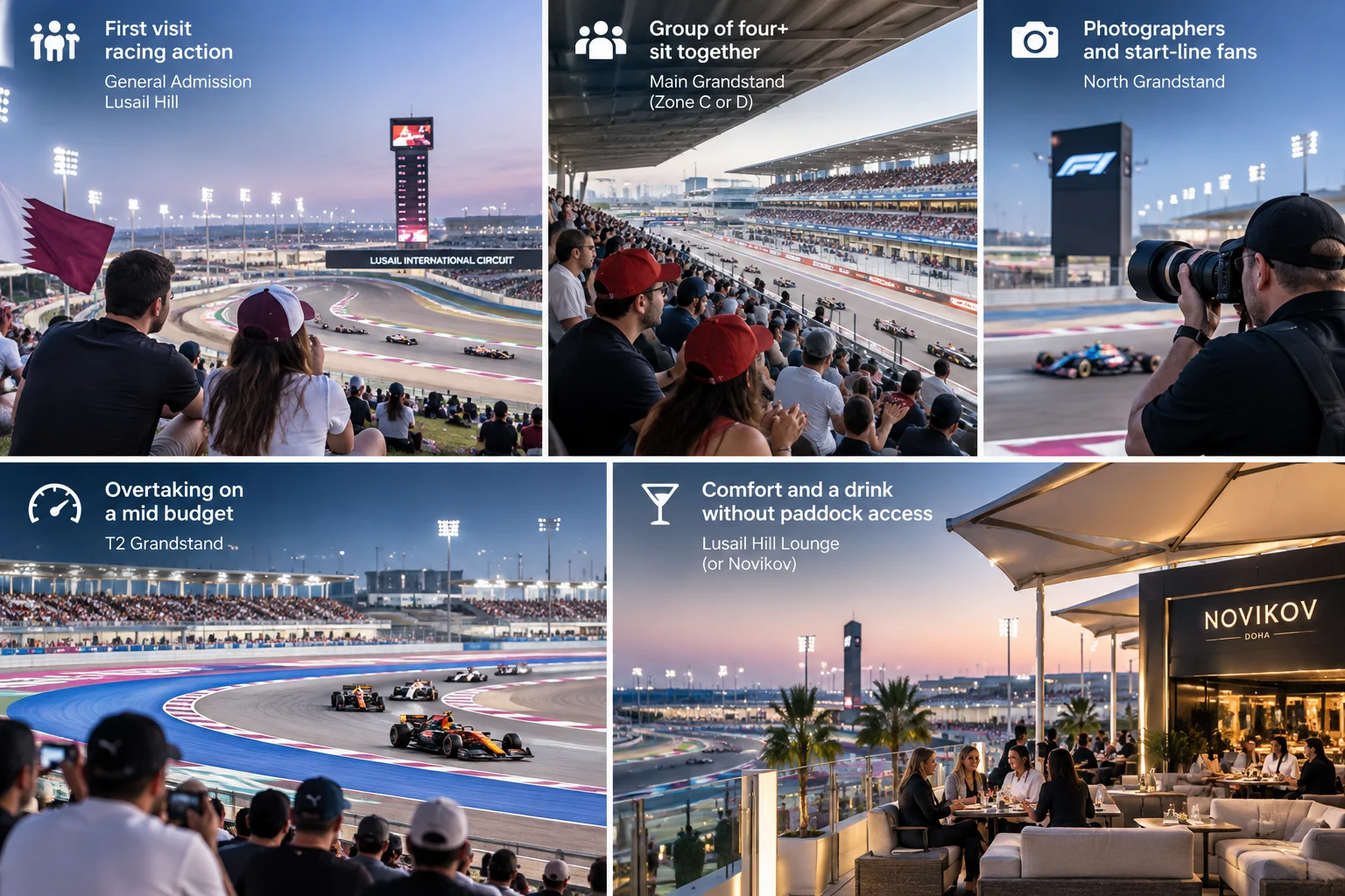 Grid layout showing grandstand recommendations based on fan priorities, including Lusail Hill for general admission, Main Grandstand for groups, North Grandstand for photography, T2 Grandstand for overtaking, and Lusail Hill Lounge for comfort.