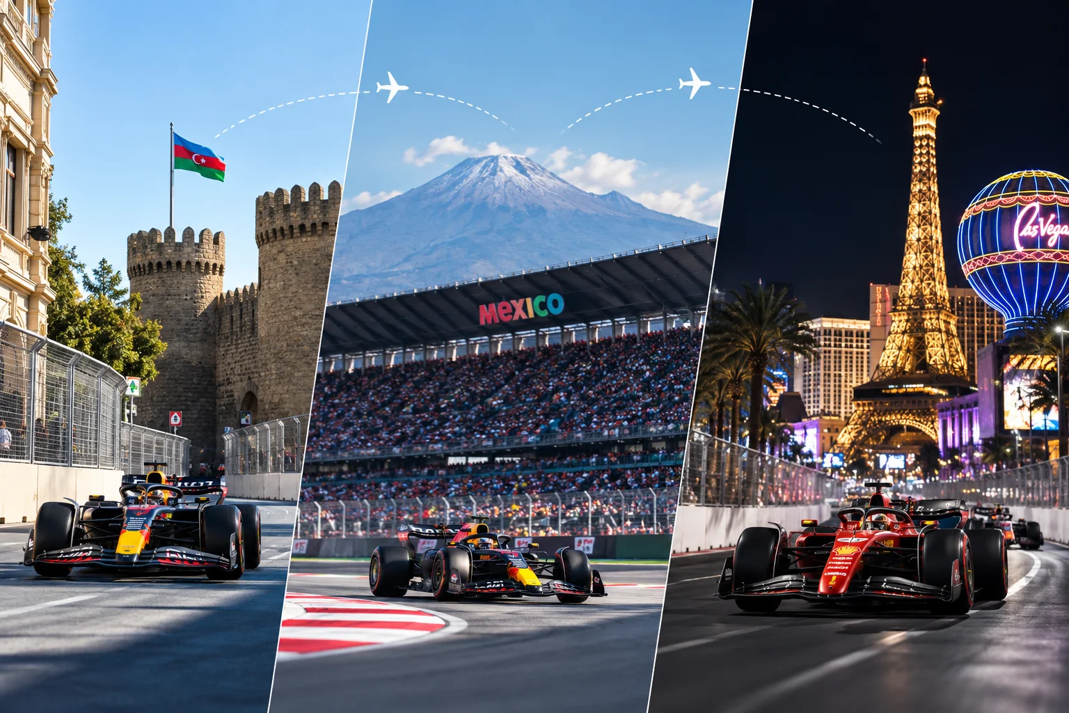 Triptych photo showing Formula 1 cars racing at three iconic grand prix locations: Azerbaijan (Baku), Mexico City, and Las Vegas.