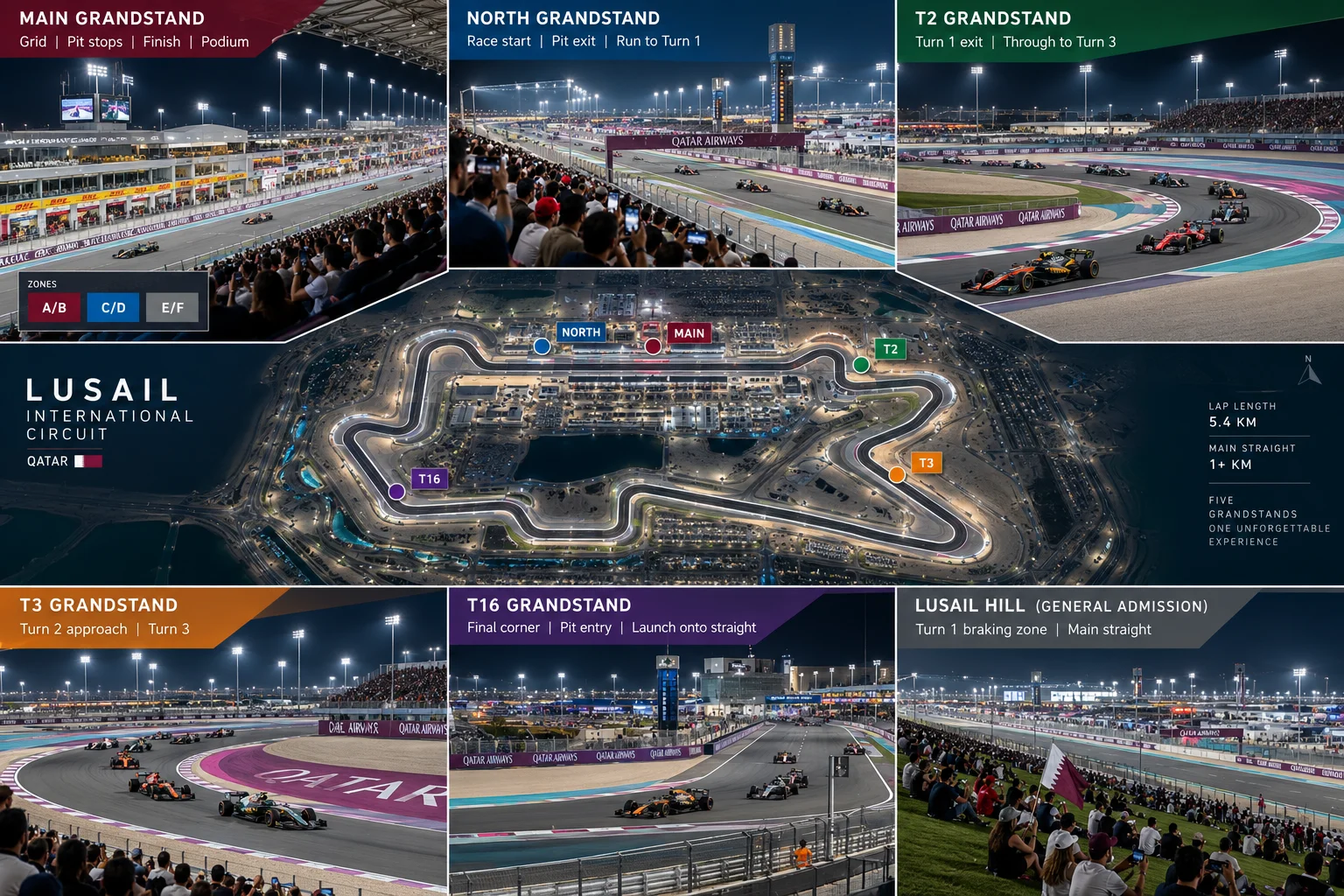 Overhead map of the Lusail International Circuit highlighting key spectator zones, surrounding photo panels that show the track view from Main, North, T2, T3, T16 grandstands, and Lusail Hill.