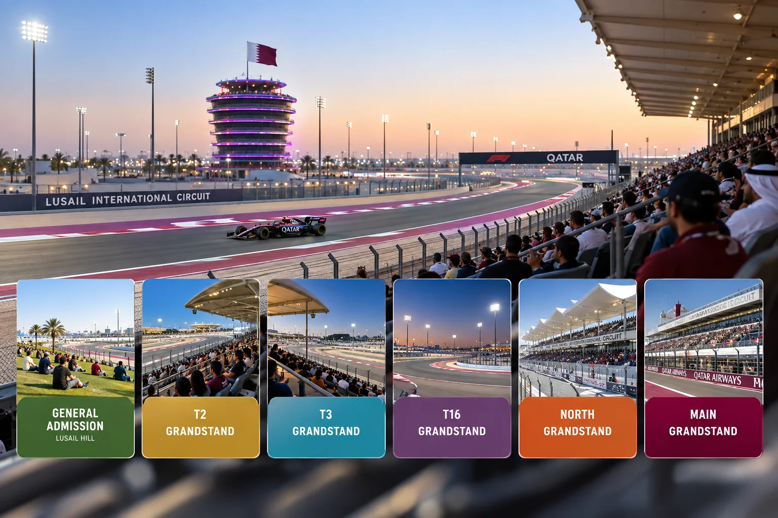 View of the main grandstand and track at Lusail International Circuit at sunset, featuring inset photos showcasing six grandstand options: General Admission (Lusail Hill), T2, T3, T16, North, and Main Grandstand.