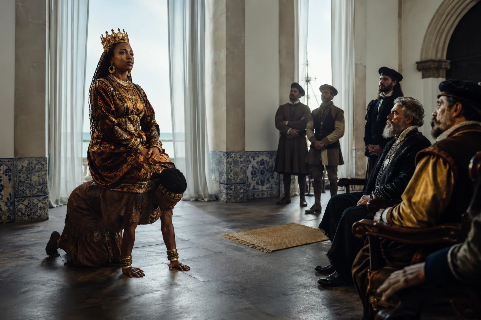A dramatic historical recreation depicts Queen Njinga of Ndongo sitting confidently atop the back of a kneeling servant who has bent on all fours to act as a human chair. The Queen, wearing an ornate patterned gown, heavy gold jewelry, and a crown, sits upright and gazes forward with a calm, commanding demeanor. She faces a group of seated and standing Portuguese colonial officials in period attire, asserting her status as an equal rather than standing before them during negotiations inside a grand room with tiled lower walls.