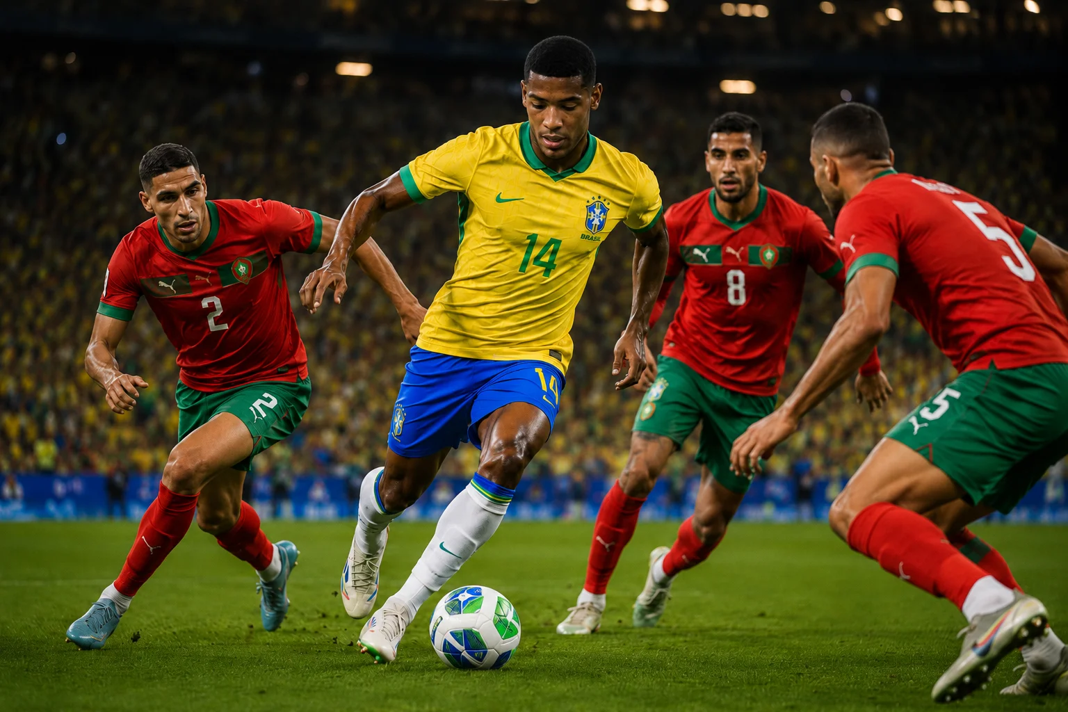 لقطة عن قرب للاعب البرازيلي راين فيتور على الملعب. ينظر بشكل حاد إلى يمينه بنظرة مركزة ومركّزة. يرتدي الزي النابض بالحياة الأصفر الكلاسيكي للبرازيل مع تفاصيل عنق خضراء وشعار CBF الأزرق على الصدر، في خلفية مظلمة مضاءة بشكل ناعم من خلال أضواء الملعب.