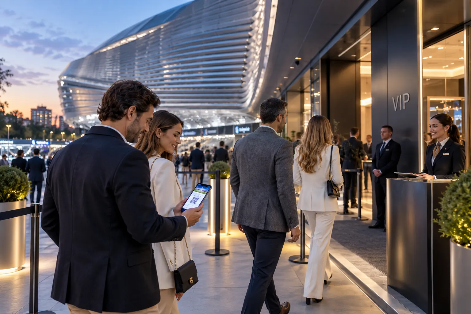 Well-dressed guests arriving at the Real Madrid Santiago Bernabéu VIP entrance, with one person displaying a mobile QR code pass on their phone to stadium staff.