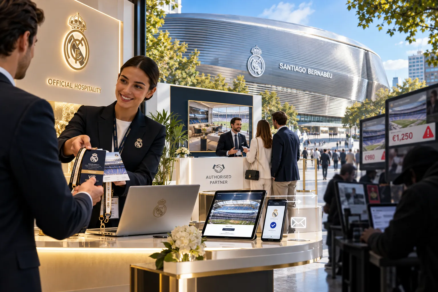 A Real Madrid Official Hospitality desk hostess handing VIP passes and tickets to a guest, with Santiago Bernabéu Stadium in the background.