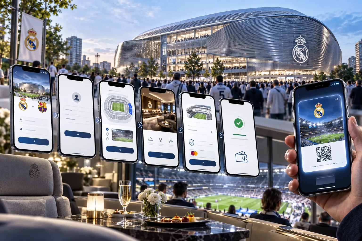 A hand holding a smartphone with a Real Madrid VIP digital pass QR code, set against a background of mobile app booking steps floating over a luxury suite view of Santiago Bernabéu Stadium.
