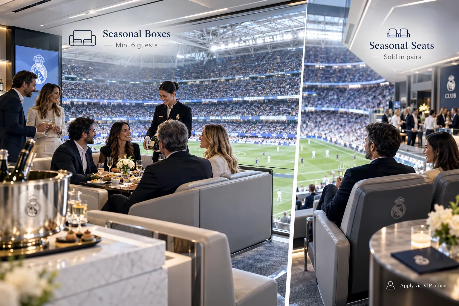 Split screen showing VIP matchday experiences at Santiago Bernabéu Stadium, featuring a private group dining in Seasonal Boxes on the left and couples enjoying Seasonal Seats on the right.