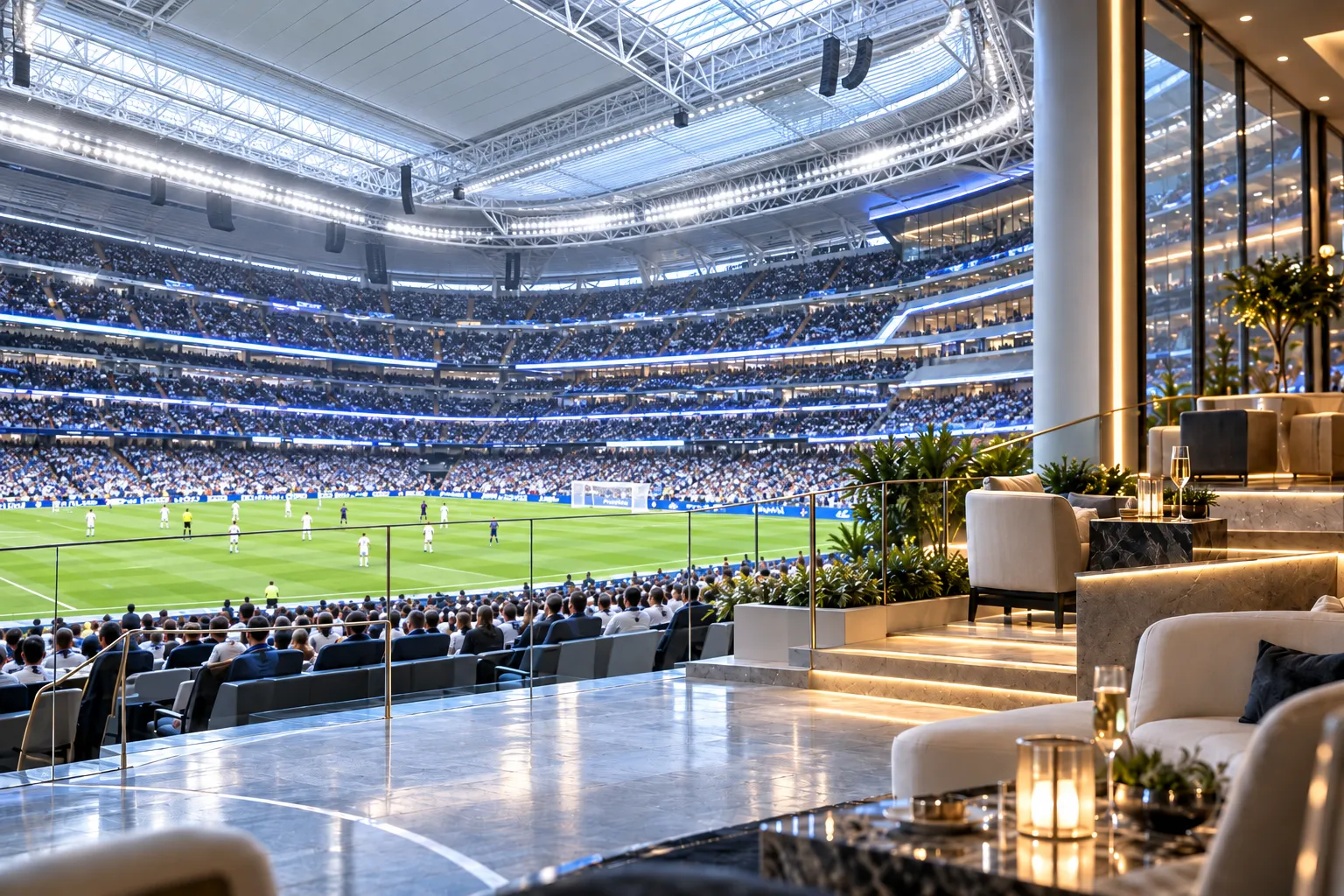 Panoramic view from a luxury indoor Real Madrid VIP lounge overlooking the pitch and stadium seating at Santiago Bernabéu Stadium.