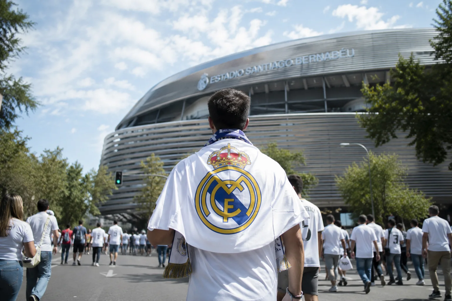 منظر من خلف مشجع يرتدي علم ريال مدريد الأبيض على كتفيه وهو يمشي نحو الواجهة الحديثة المعدنية لملعب سانتياجو برنابيو. يمشي مشجعون آخرون يرتدون ملابس النادي البيضاء على الشارع المشمس المؤدي إلى واجهة الملعب، التي تعرض بشكل بارز اسم وشعار "استاد سانتياجو برنابيو".