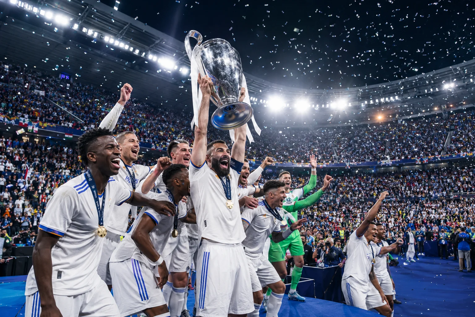 لاعبي ريال مدريد يرفعون كأس دوري أبطال أوروبا في استاد مضاء مليء بمشجعي كرة القدم في ليلة أوروبية.