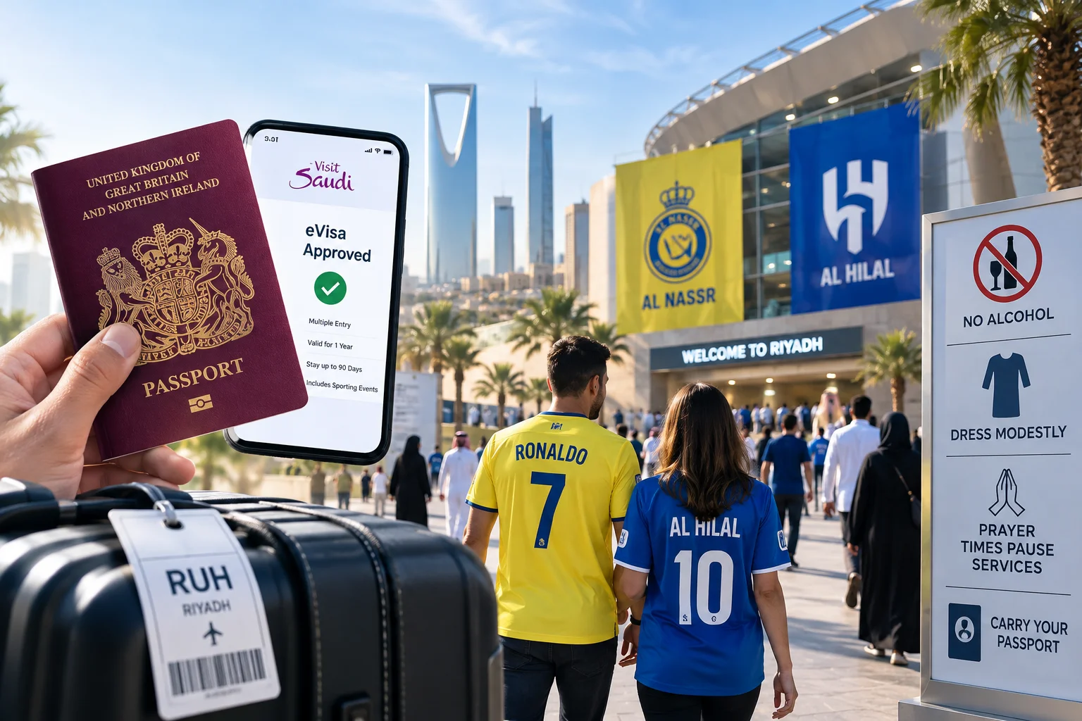 Hand holding a UK passport and a smartphone showing an approved Saudi eVisa, as a couple wearing Al Nassr and Al Hilal jerseys walk toward a stadium stadium entrance next to a cultural rules sign.