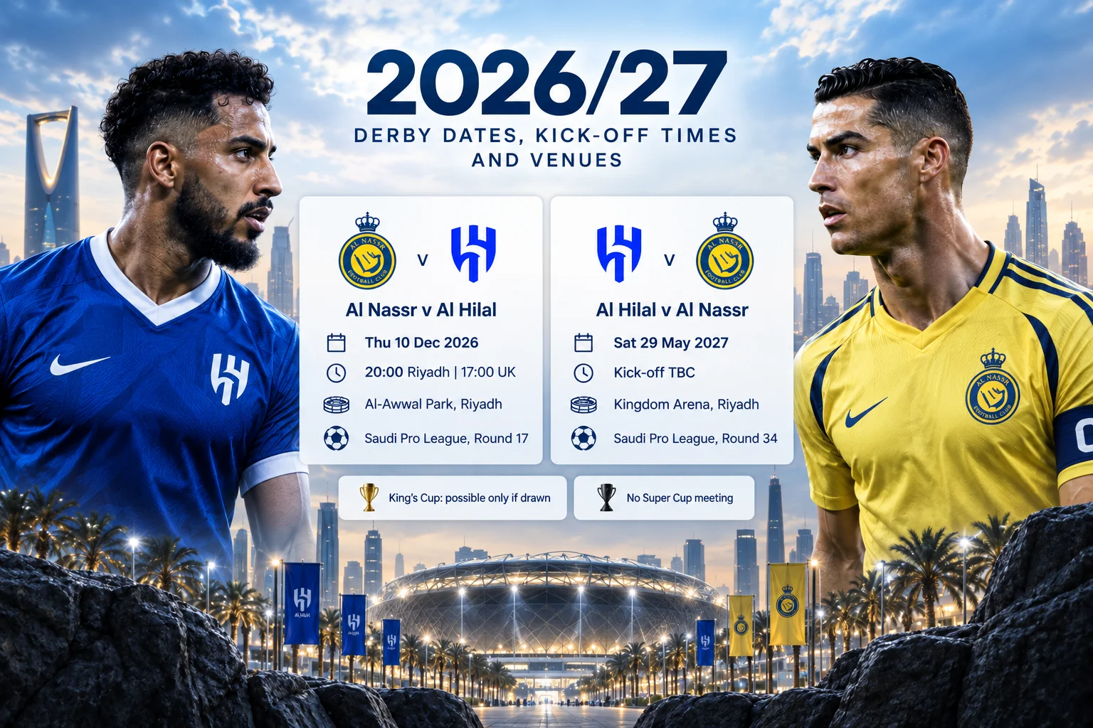 Schedule graphic featuring Al Hilal and Al Nassr players for the 2026/27 Saudi Pro League derby fixtures on December 10, 2026 at Al-Awwal Park and May 29, 2027 at Kingdom Arena.