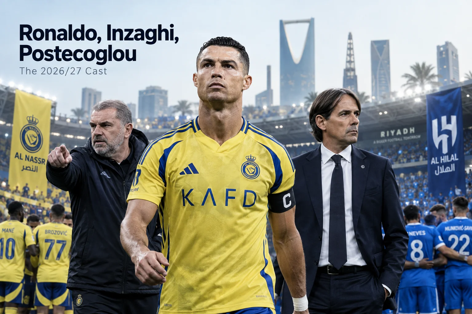 Cristiano Ronaldo walking forward flanked by managers Ange Postecoglou pointing in an Al Nassr jacket and Simone Inzaghi in an Al Hilal suit, with text reading 'Ronaldo, Inzaghi, Postecoglou: The 2026/27 Cast'.