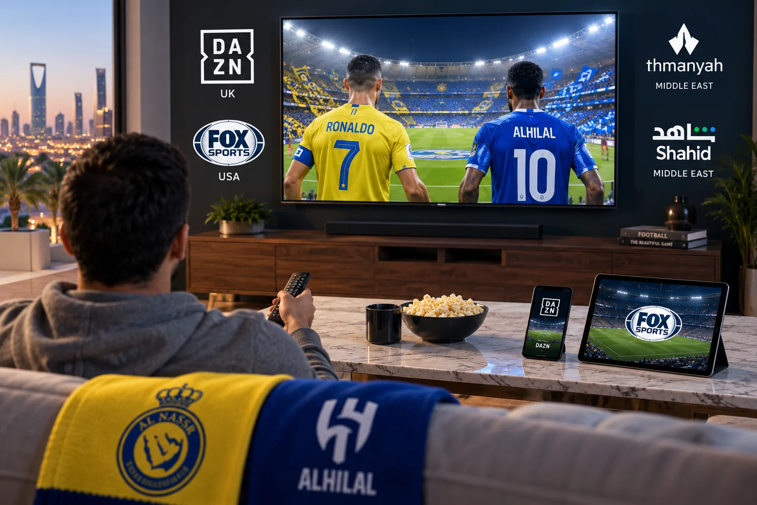 Fan sitting on a couch in front of a TV broadcasting an Al Nassr vs Al Hilal match with logos for DAZN, FOX Sports, thmanyah, and Shahid, with a smartphone and tablet showing match streams.