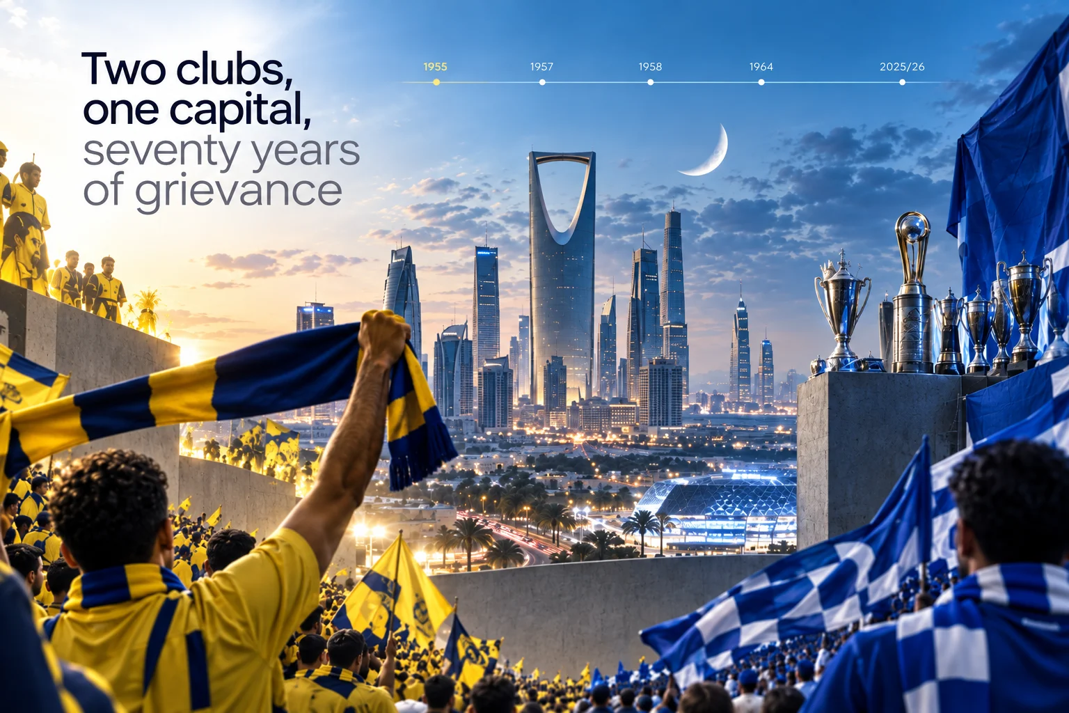 Broad view of the Riyadh skyline framed by fans waving yellow Al Nassr and blue Al Hilal flags, with text reading 'Two clubs, one capital, seventy years of grievance'.