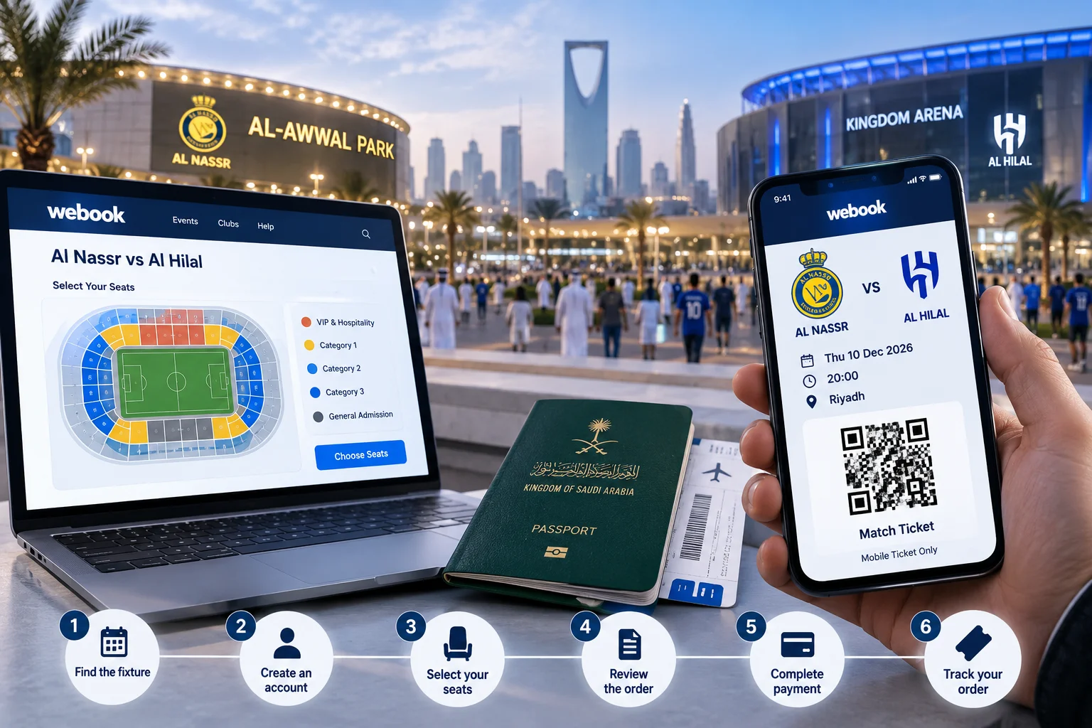 Laptop displaying the Webook ticket selection page for Al Nassr vs Al Hilal next to a hand holding a smartphone showing a digital QR match ticket with a Saudi passport in the center.
