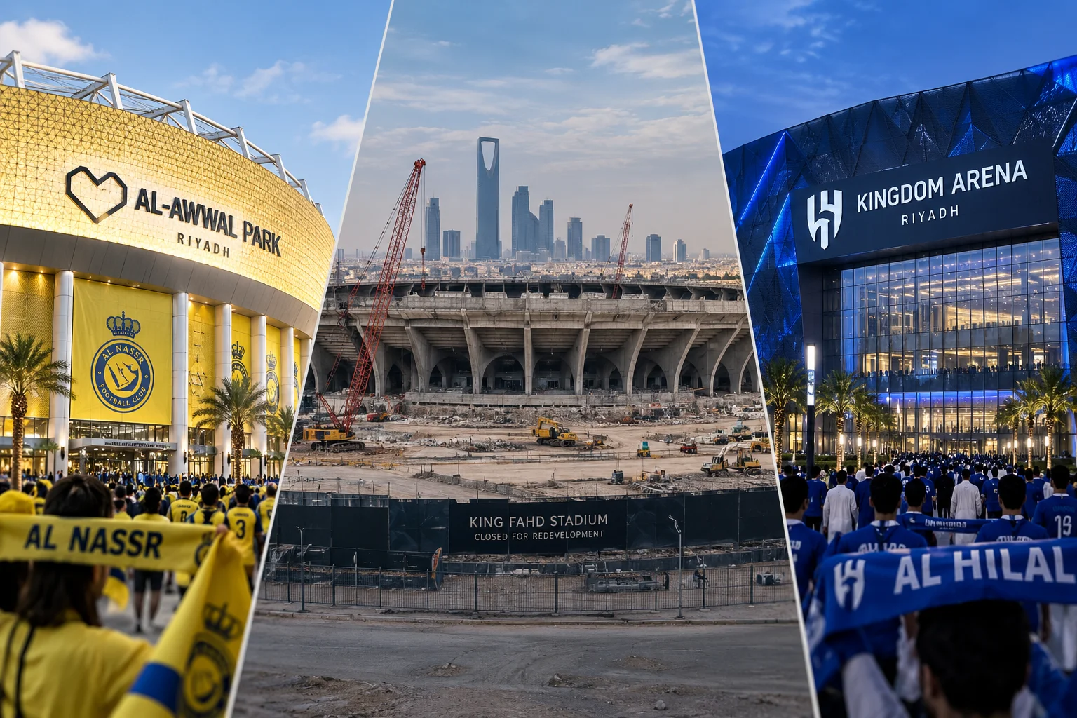 Three-panel split image showing Al-Awwal Park on the left, King Fahd Stadium under redevelopment in the center, and Kingdom Arena on the right with fan crowds.