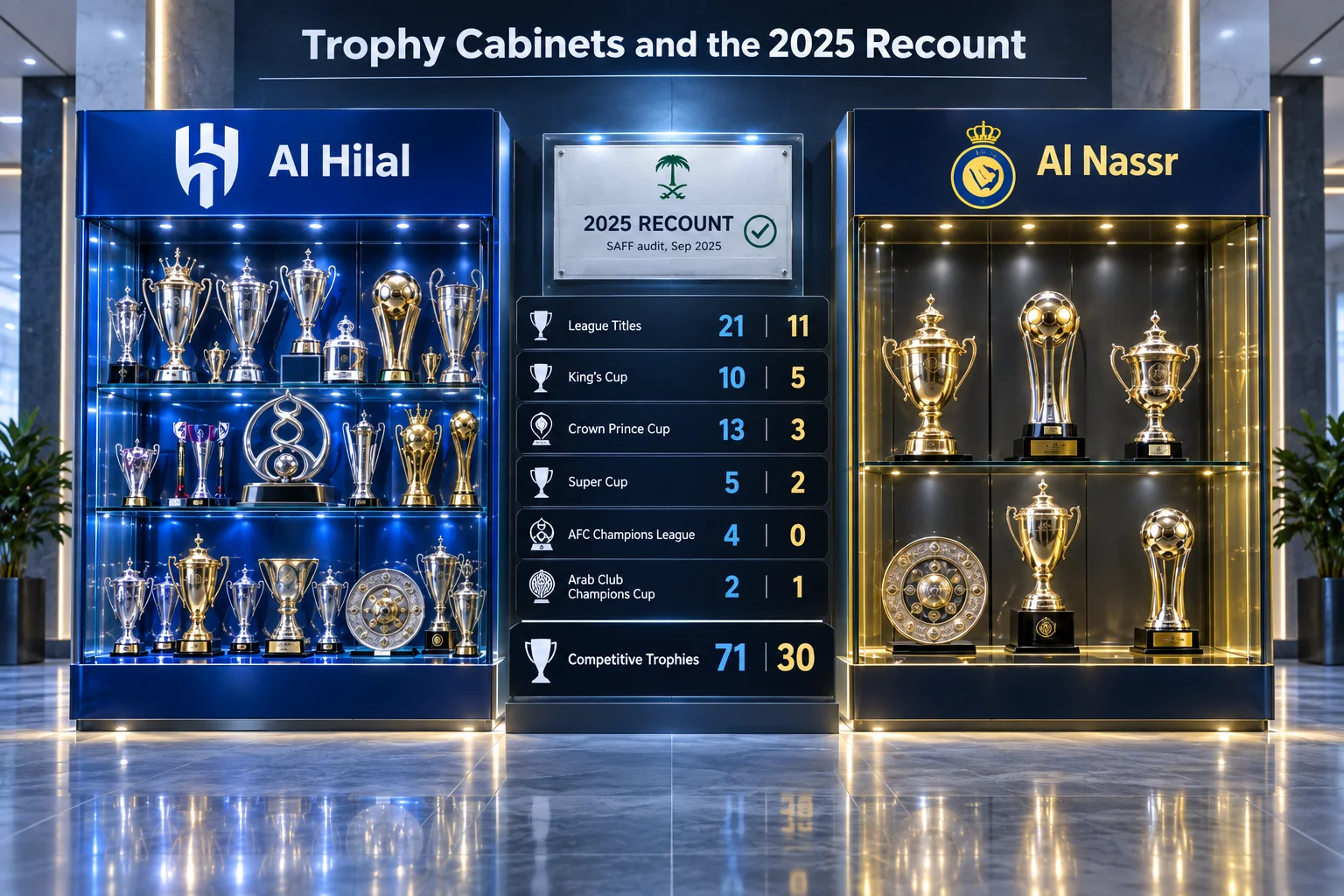 Display of trophy cabinets for Al Hilal and Al Nassr alongside a SAFF recount board comparing titles, including 21 vs 11 league titles and 71 vs 30 total competitive trophies.