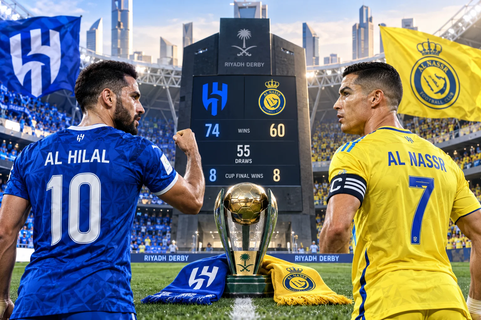 Graphic showing Al Hilal number 10 and Cristiano Ronaldo in Al Nassr number 7 facing off, with head-to-head stats on a scoreboard: 74 Al Hilal wins, 60 Al Nassr wins, 55 draws, and 8 cup final wins each.