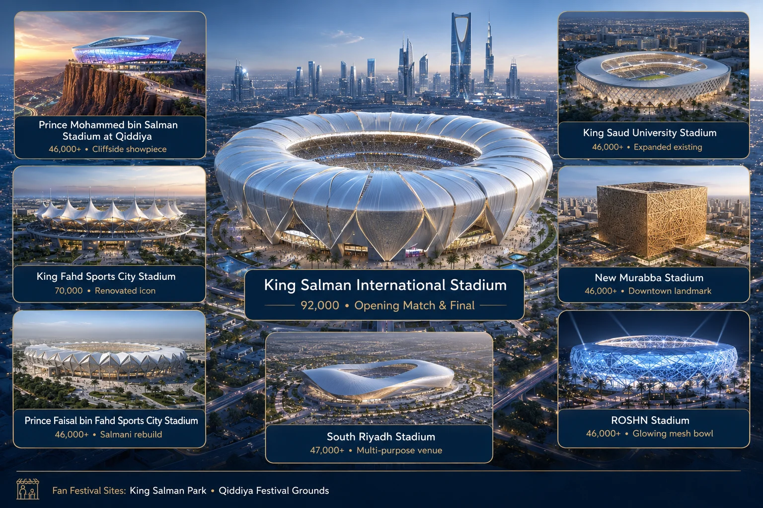 مخطط شامل يعرض تصاميم الملاعب الثمانية في الرياض، مرتبة حول لقطة مركزية للاستاد الدولي الملك سلمان الضخم، الذي يتسع لـ 92,000 مقعد ومحدد للمباراة الافتتاحية والنهائية. تتميز الألواح المحيطة بمفاهيم معمارية متنوعة، بما في ذلك ملعب الأمير محمد بن سلمان على حافة الجرف في قيدية، وملعب مدينة الملك فهد الرياضية ذو السقف الخيمى, وملعب النور الجديد ذو الشكل المكعب، وملعب ROSHN الذي يتألق مثل وعاء شبكي. كل لوحة تشير إلى ما إذا كان الموقع بناءً جديدًا أو تجديدًا أو توسعة، إلى جانب سعة المقاعد الخاصة به.