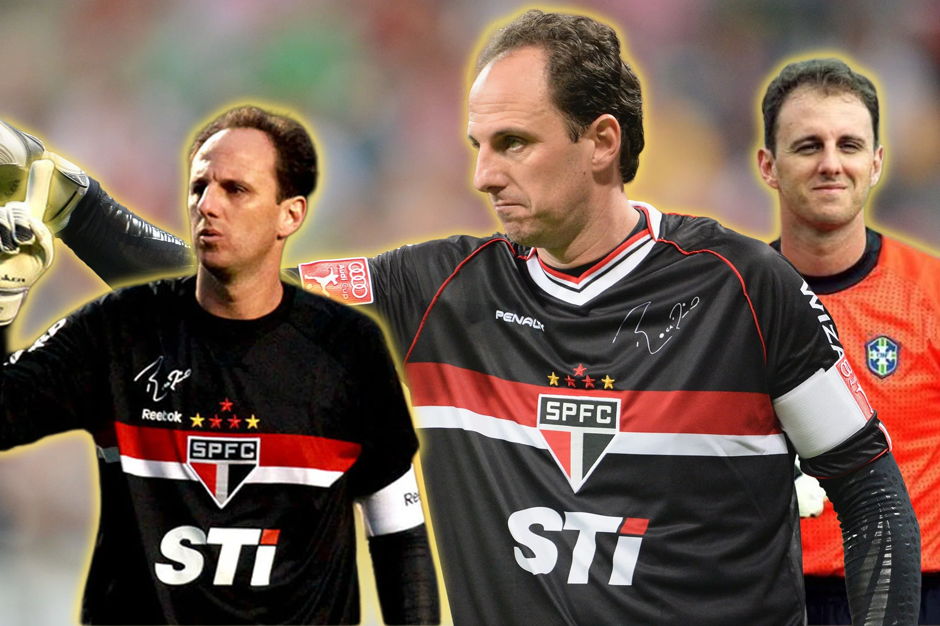 Three combined images of iconic goalscoring goalkeeper Rogério Ceni representing São Paulo FC. The main image shows a determined Ceni in a black, red, and white striped kit featuring a prominent "STI" sponsor print and a white captain's armband. The left image shows him raising a white goalkeeper glove in celebration, while the right shows him in an orange kit.