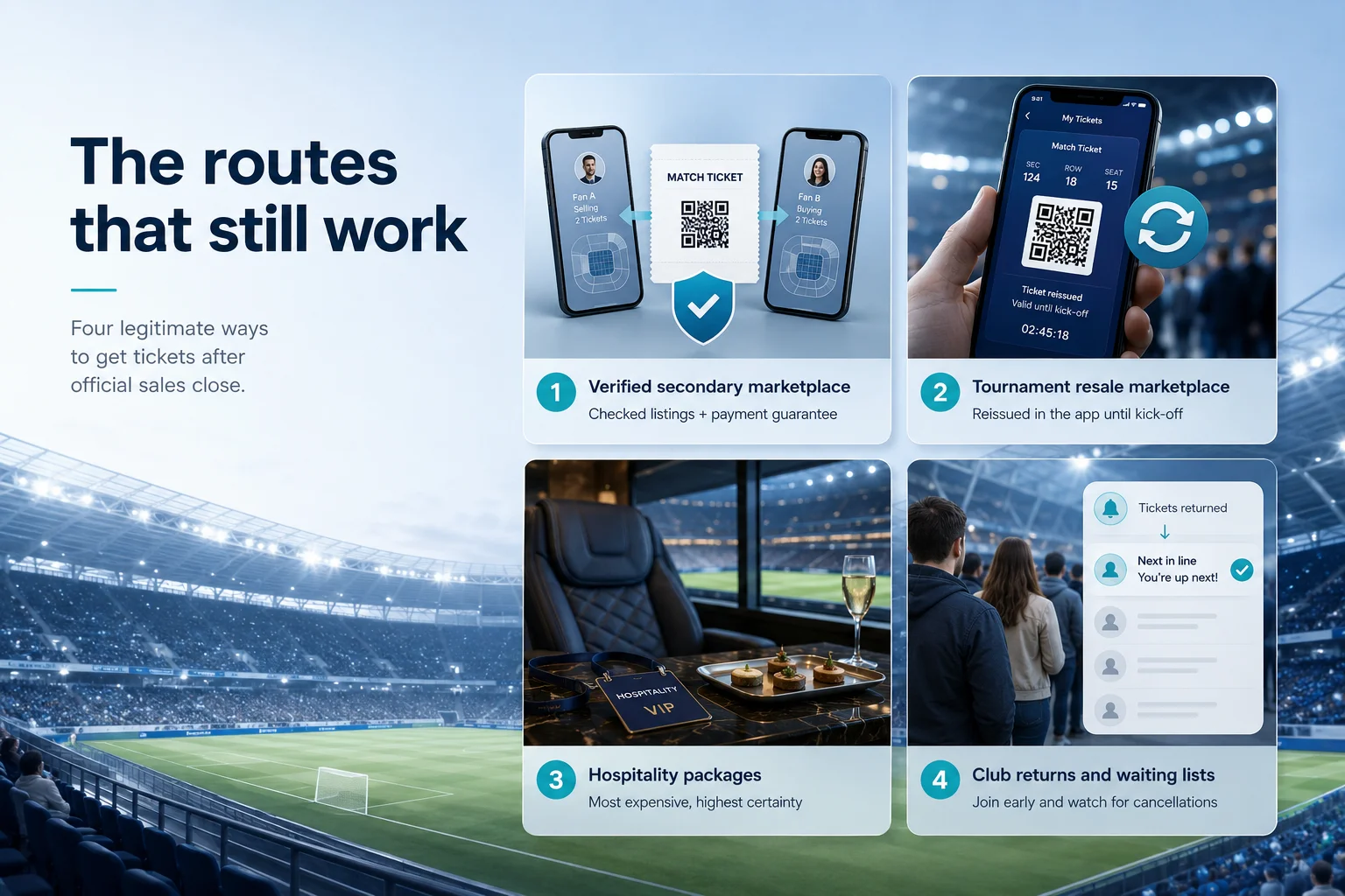 An infographic guide titled "Your Routes into Sold-Out Matches" details four legitimate ways fans can secure tickets to high-demand sporting events. Each route is presented in a structured layout with descriptive text. The first column highlights "Official Club Resale Platform," advising fans to monitor the team's dedicated secondary marketplace where season ticket holders securely return unwanted seats at standard face value. The second column covers "Hospitality Packages," suggesting that buying premium, combined food-and-seat bundles directly from the venue provides a guaranteed, albeit more expensive, legal entry option. The third column outlines "Authorized Ticket Partners," listing trusted, official global ticket brokers and verified travel partners. The fourth column lists "Late-Release Tickets," reminding fans to keep a close eye on direct team sales channels for unsold allocations or returned sponsor seating options in the final days leading up to match day.
