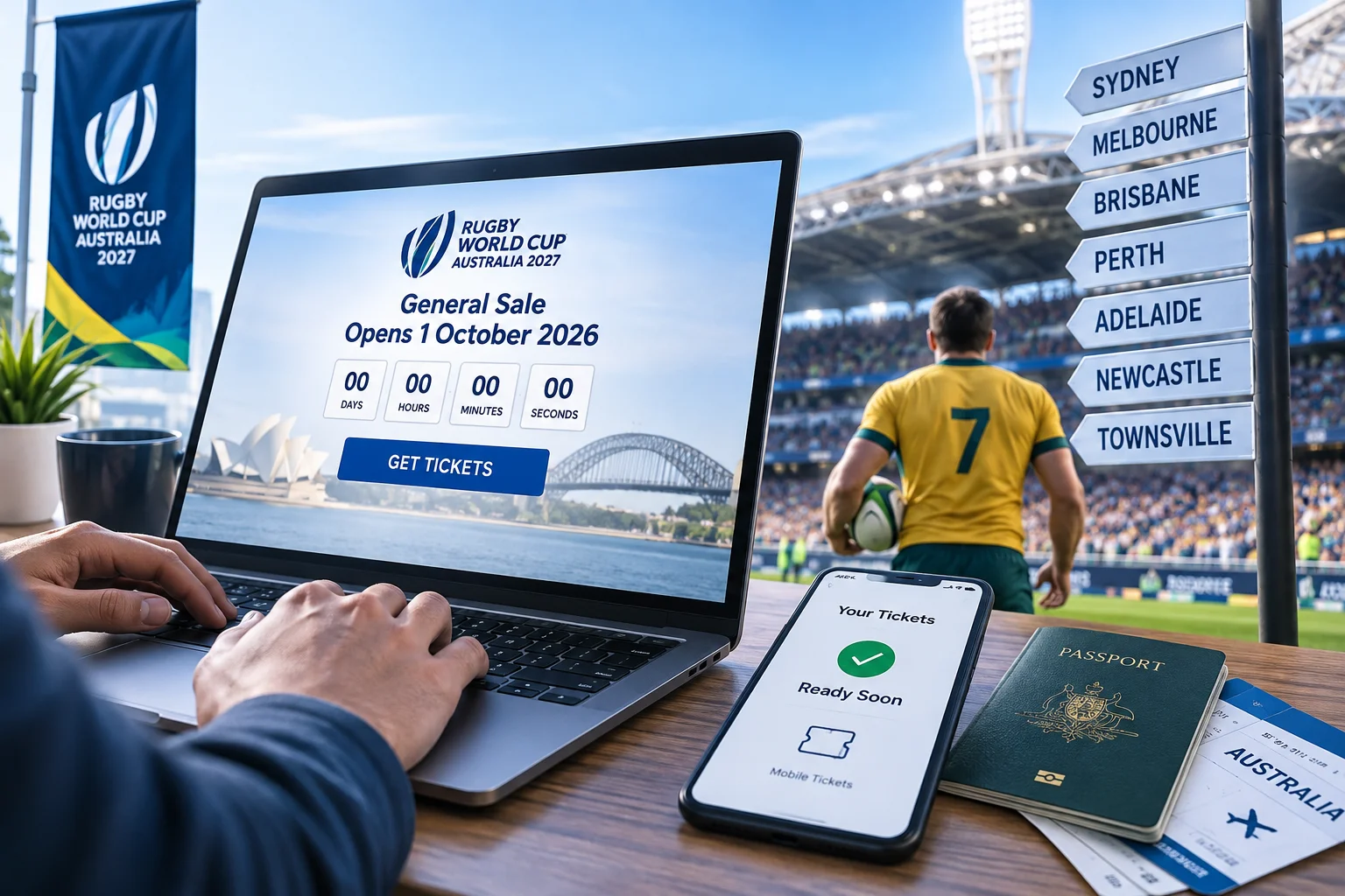 جهاز كمبيوتر محمول يعرض بوابة تذاكر كأس العالم للرجبي أستراليا 2027 التي تفتح في 1 أكتوبر 2026، مع خلفية ملعب، وجواز سفر أسترالي، ولافتات توجيه المدينة.