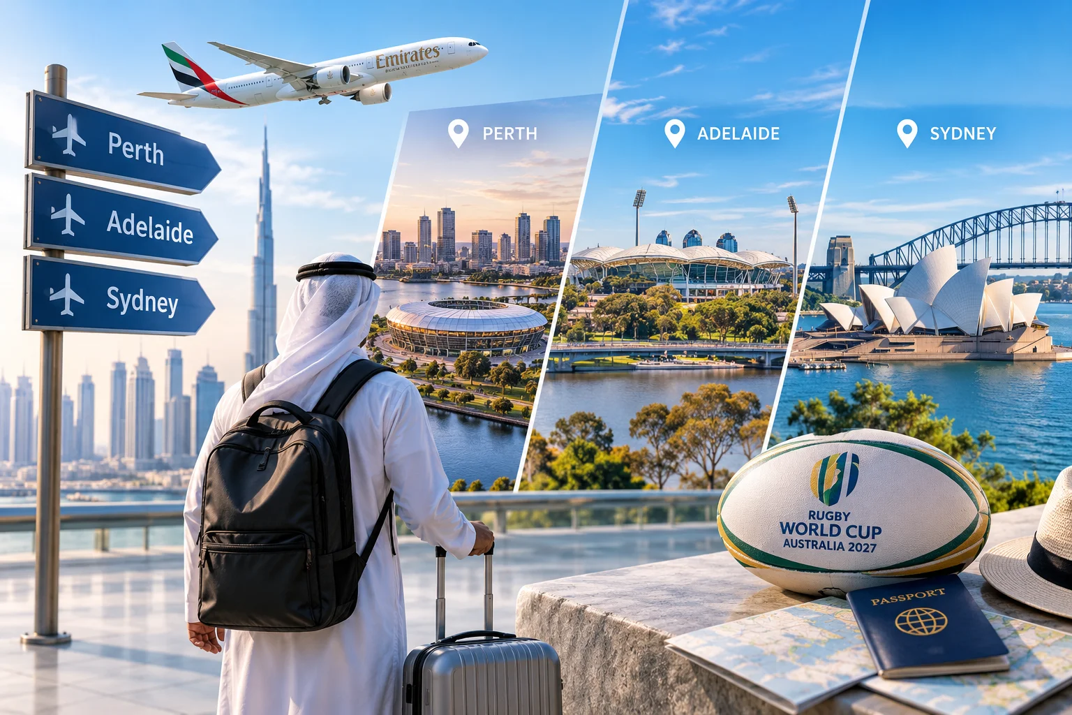 مسافر يرتدي الملابس الإماراتية التقليدية مع حقيبة ظهري واقف بالقرب من لافتات المطار تشير إلى بيرث، أديلايد وسيدني، إلى جانب مناظر المدن المستضيفة وكرة كأس العالم للرجبي أستراليا 2027.